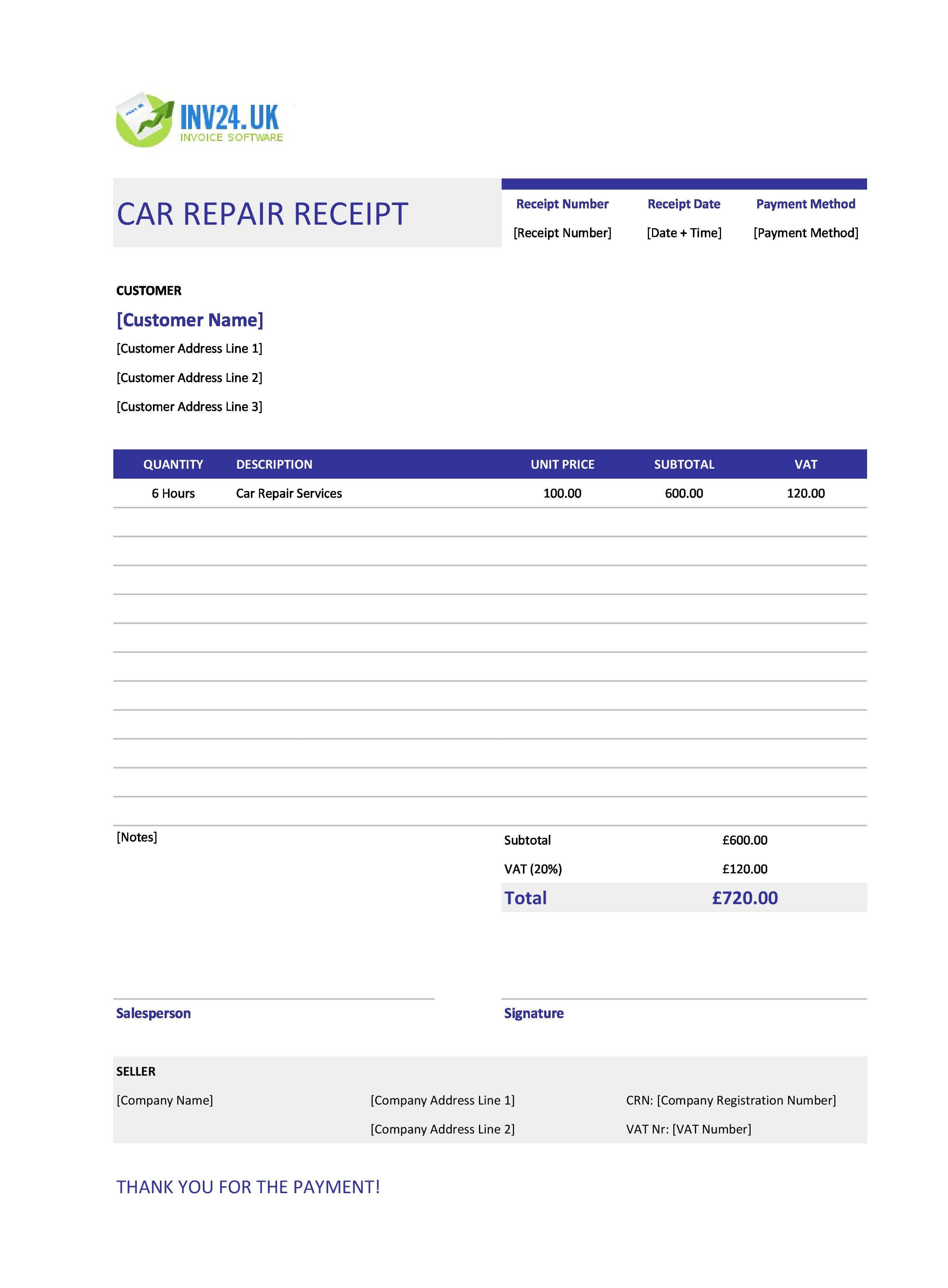 Car Repair Receipt Template for UK (Excel / Google Sheets)