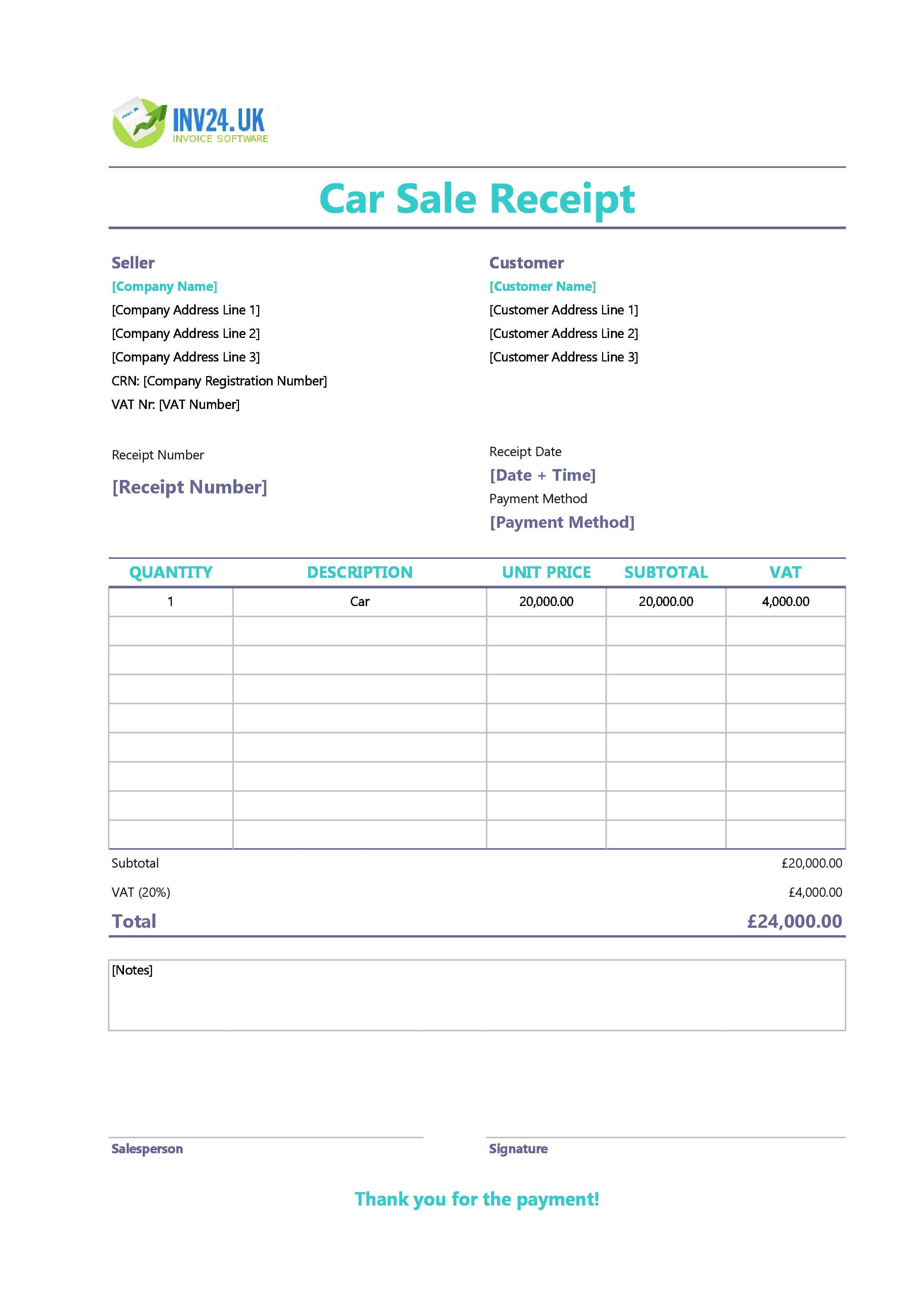 Car Sale Receipt Template for UK (Excel / Google Sheets)