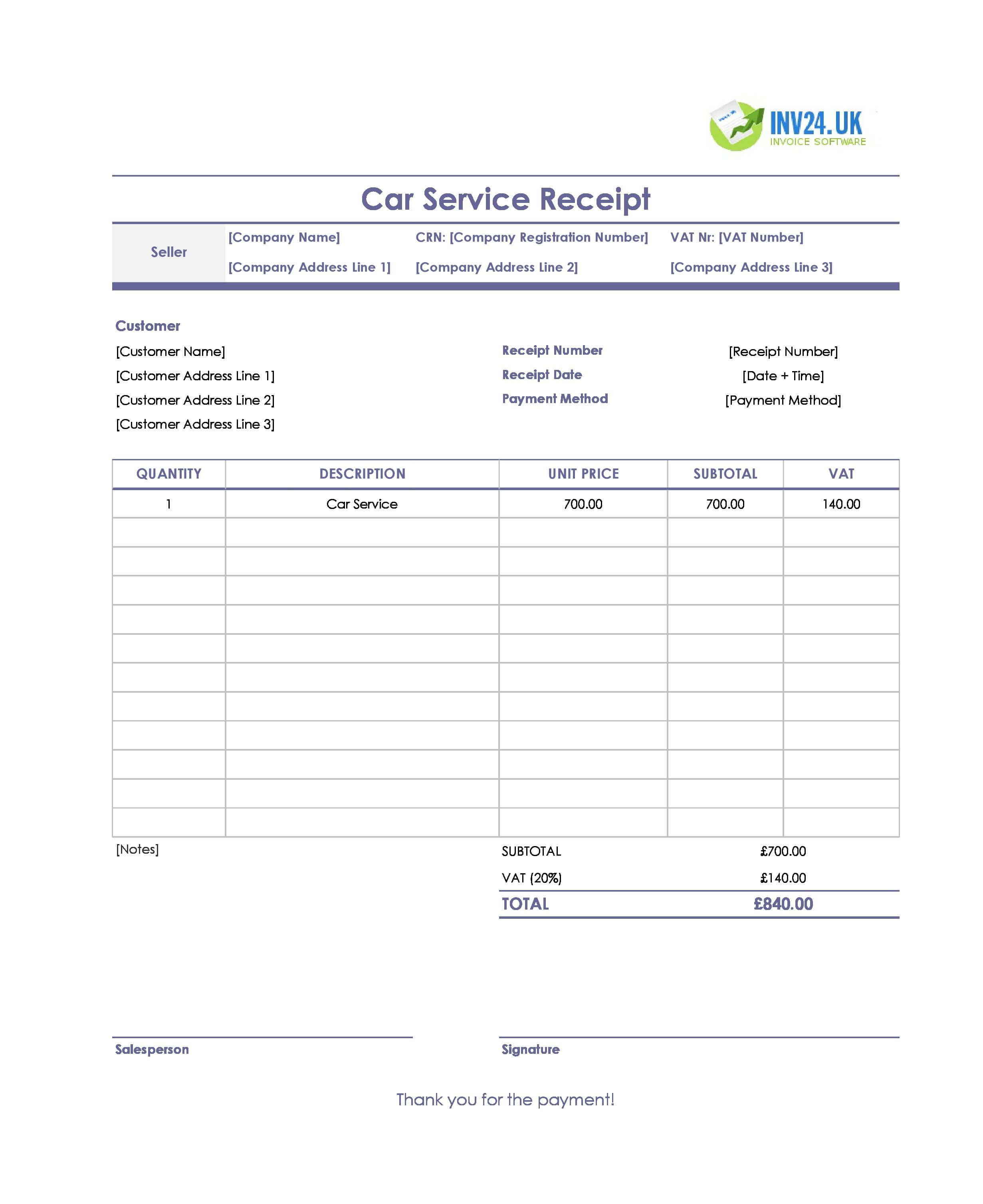 Car Service Receipt Template for UK (Excel / Google Sheets)