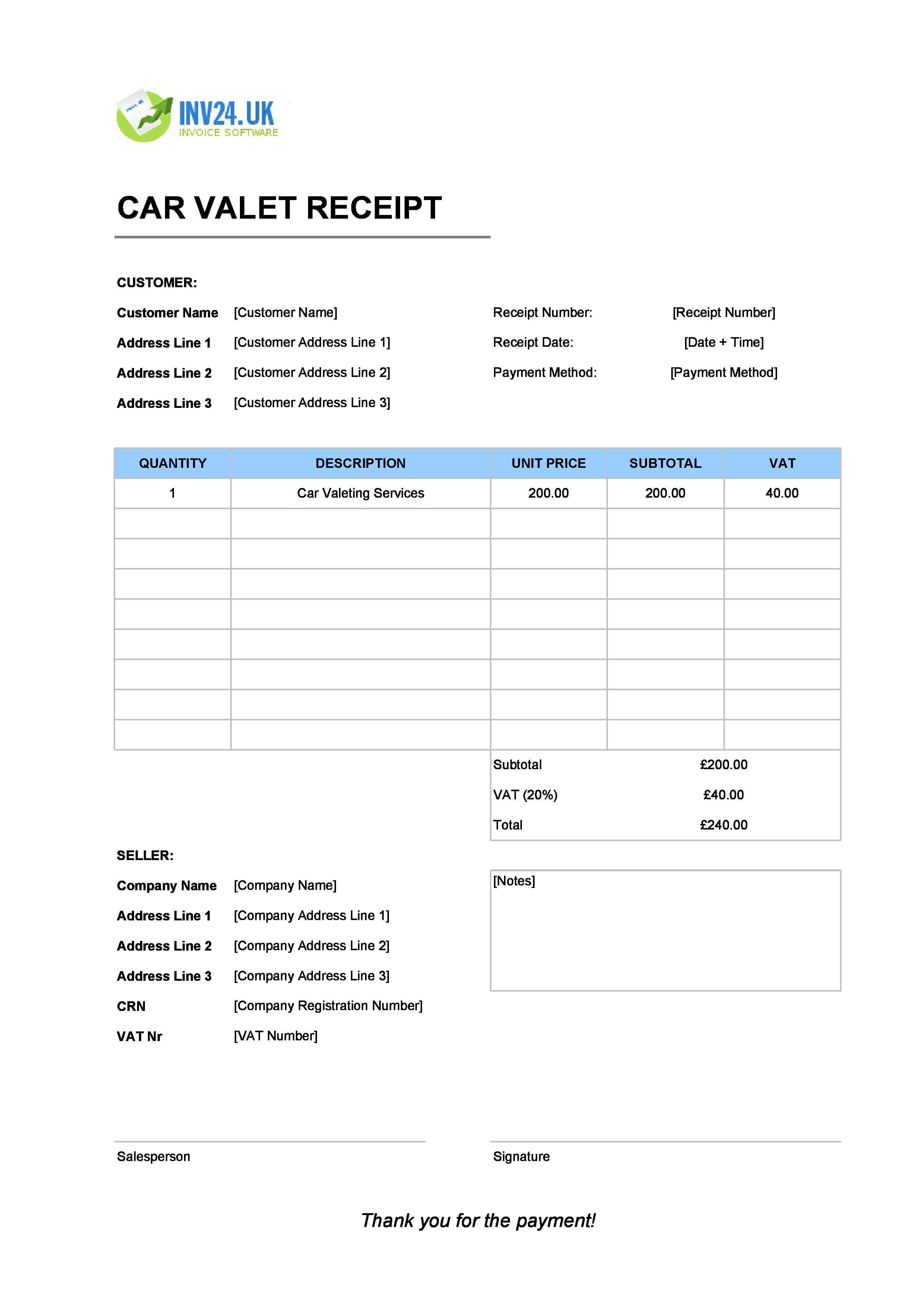 Car Valet Receipt Template for UK (Excel / Google Sheets)