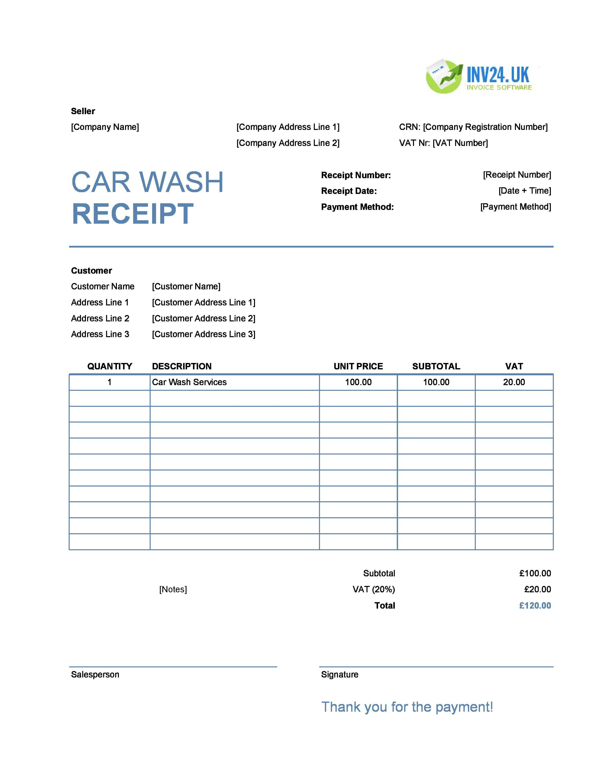 Car Wash Receipt Template for UK (Excel / Google Sheets)