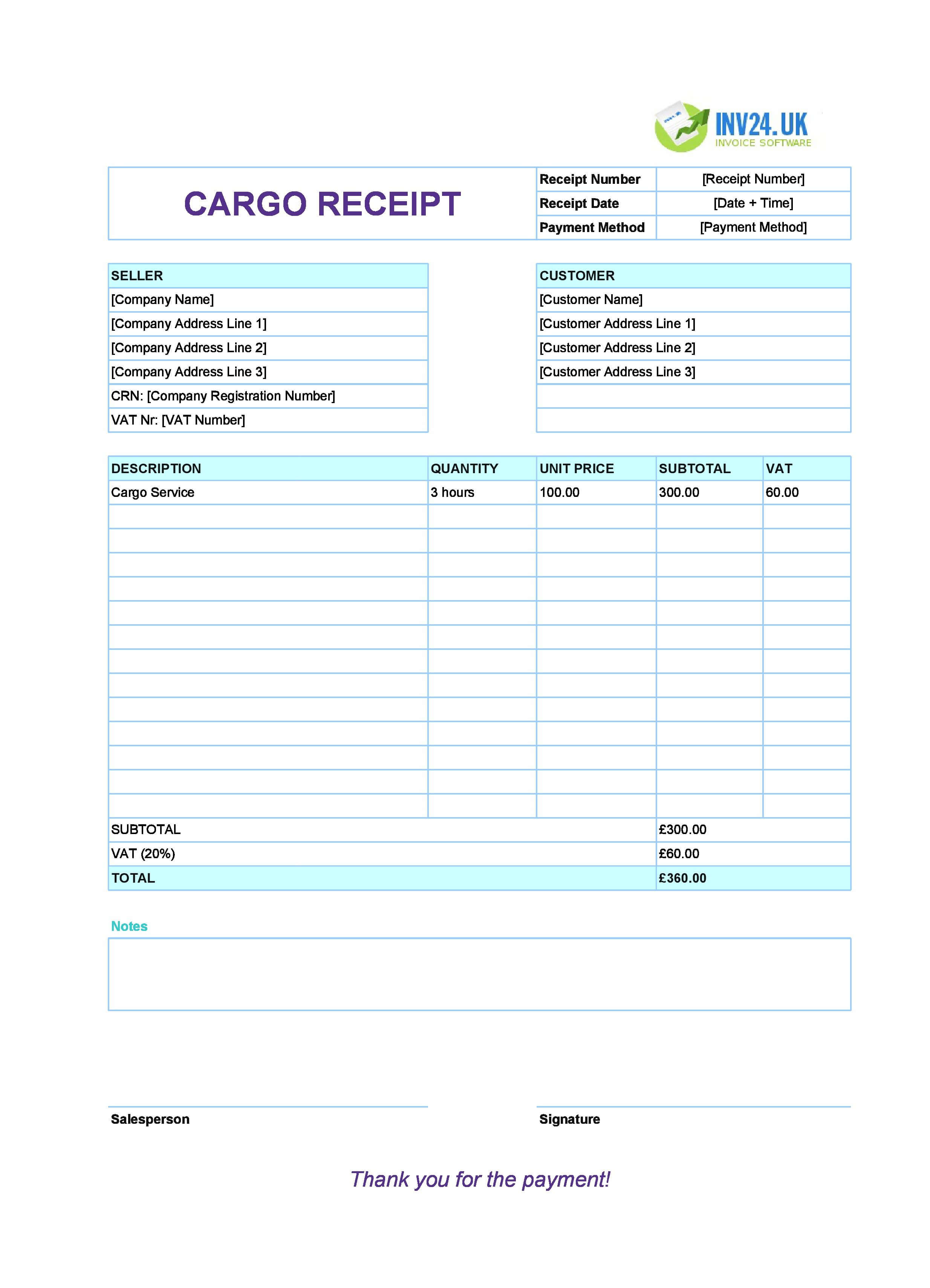 Cargo Receipt Template for UK (Excel / Google Sheets)