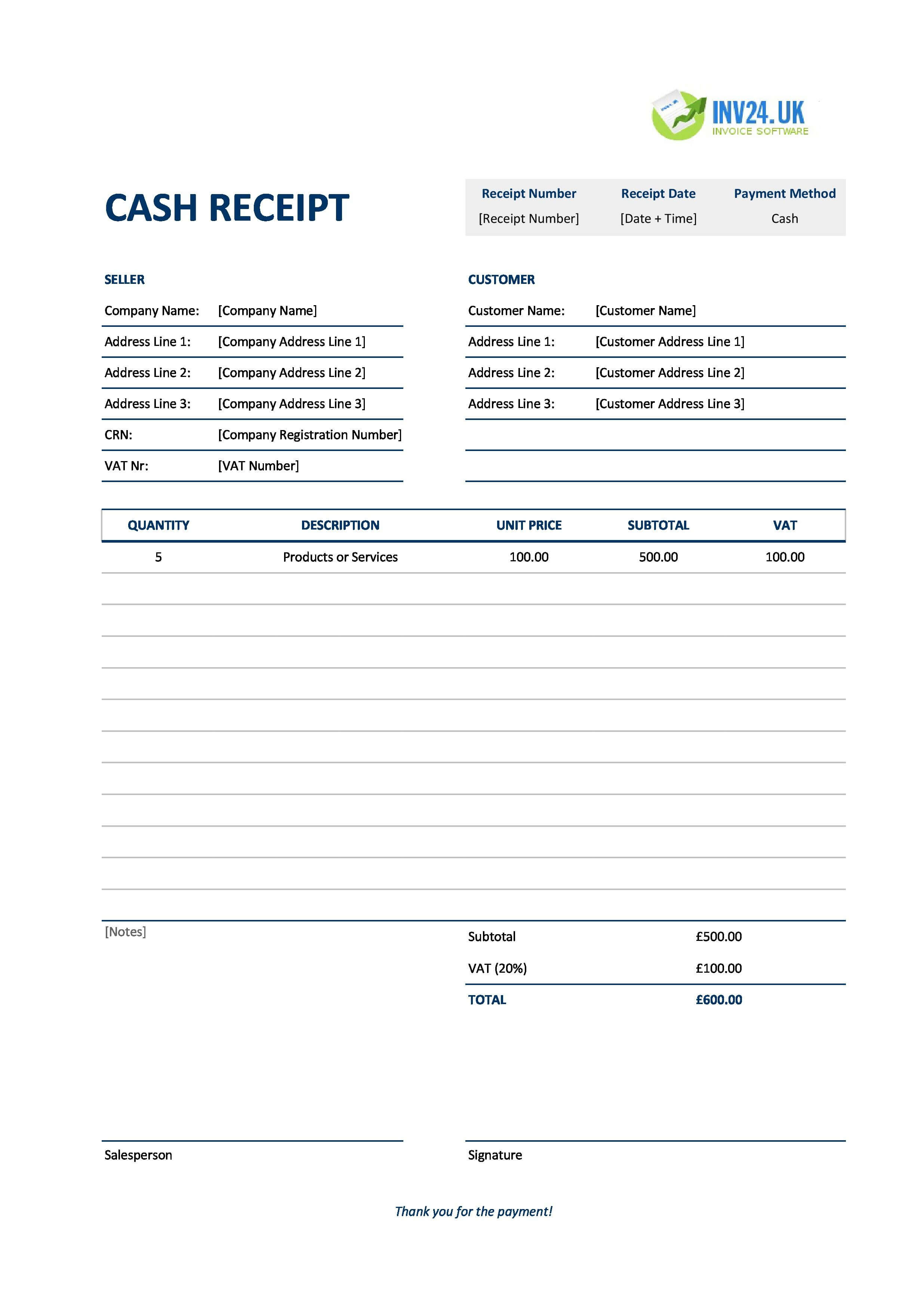 Cash Receipt Template for UK (Excel / Google Sheets)