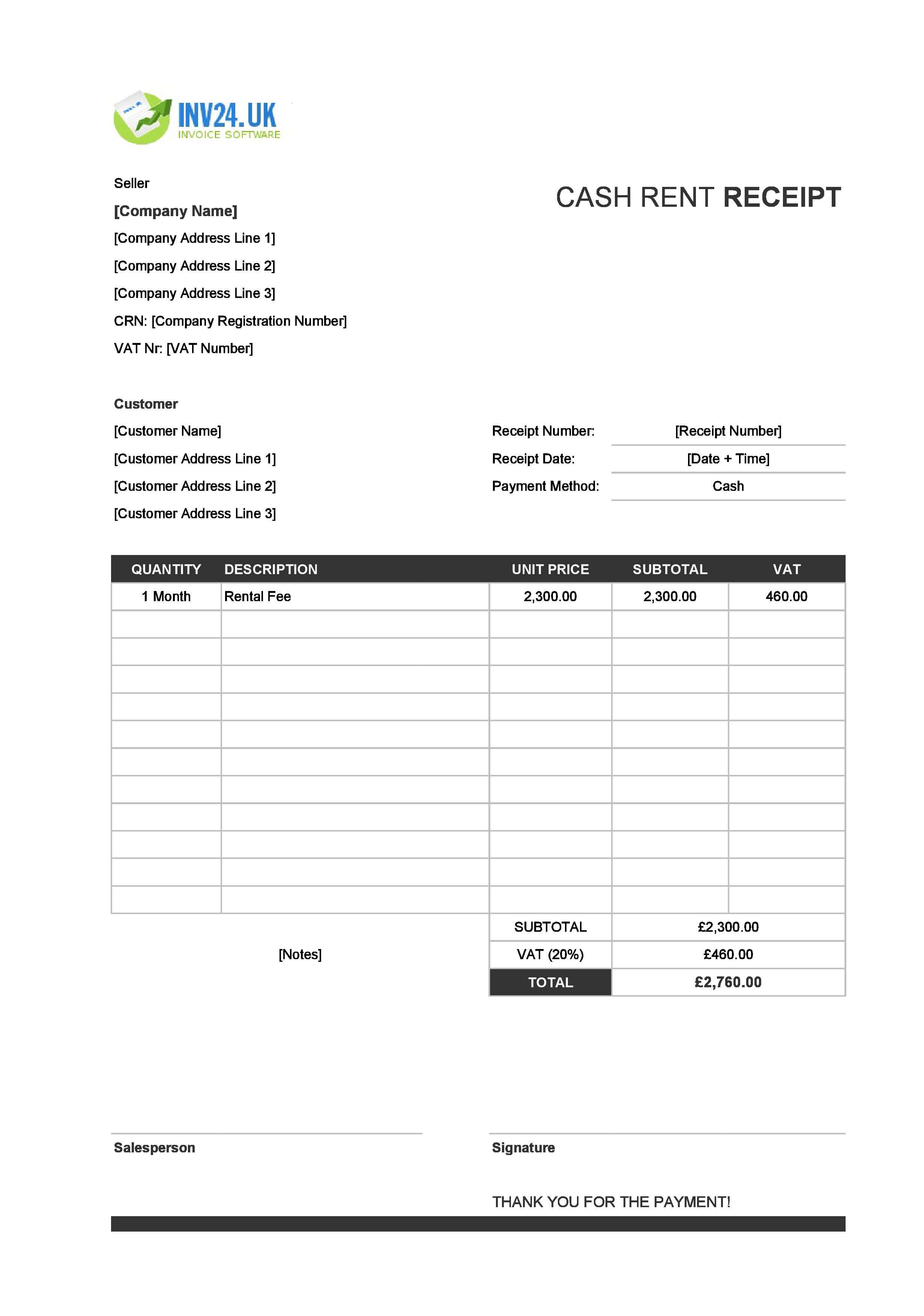 Cash Rent Receipt Template for UK (Excel / Google Sheets)