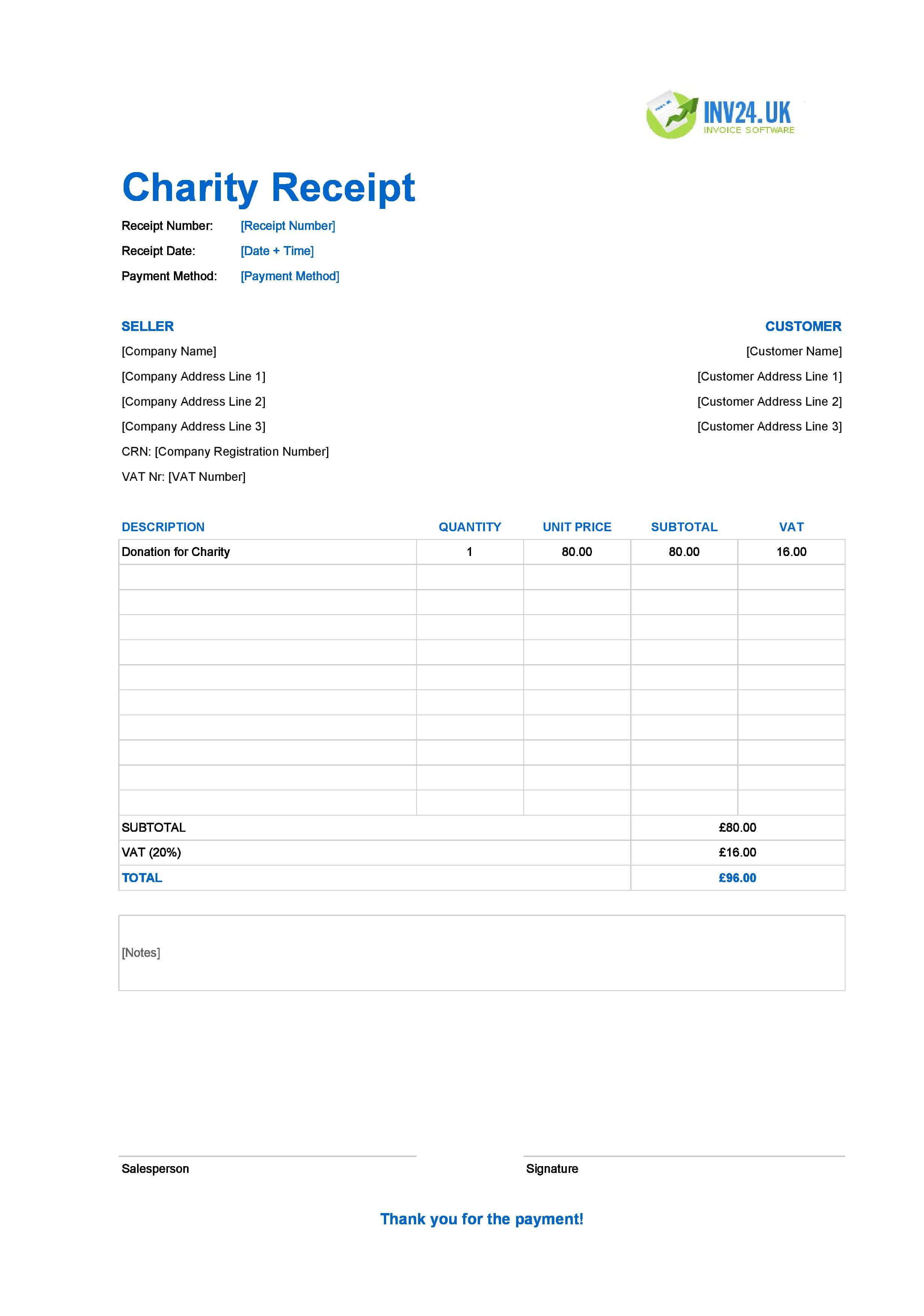 Charity Receipt Template for UK (Excel / Google Sheets)