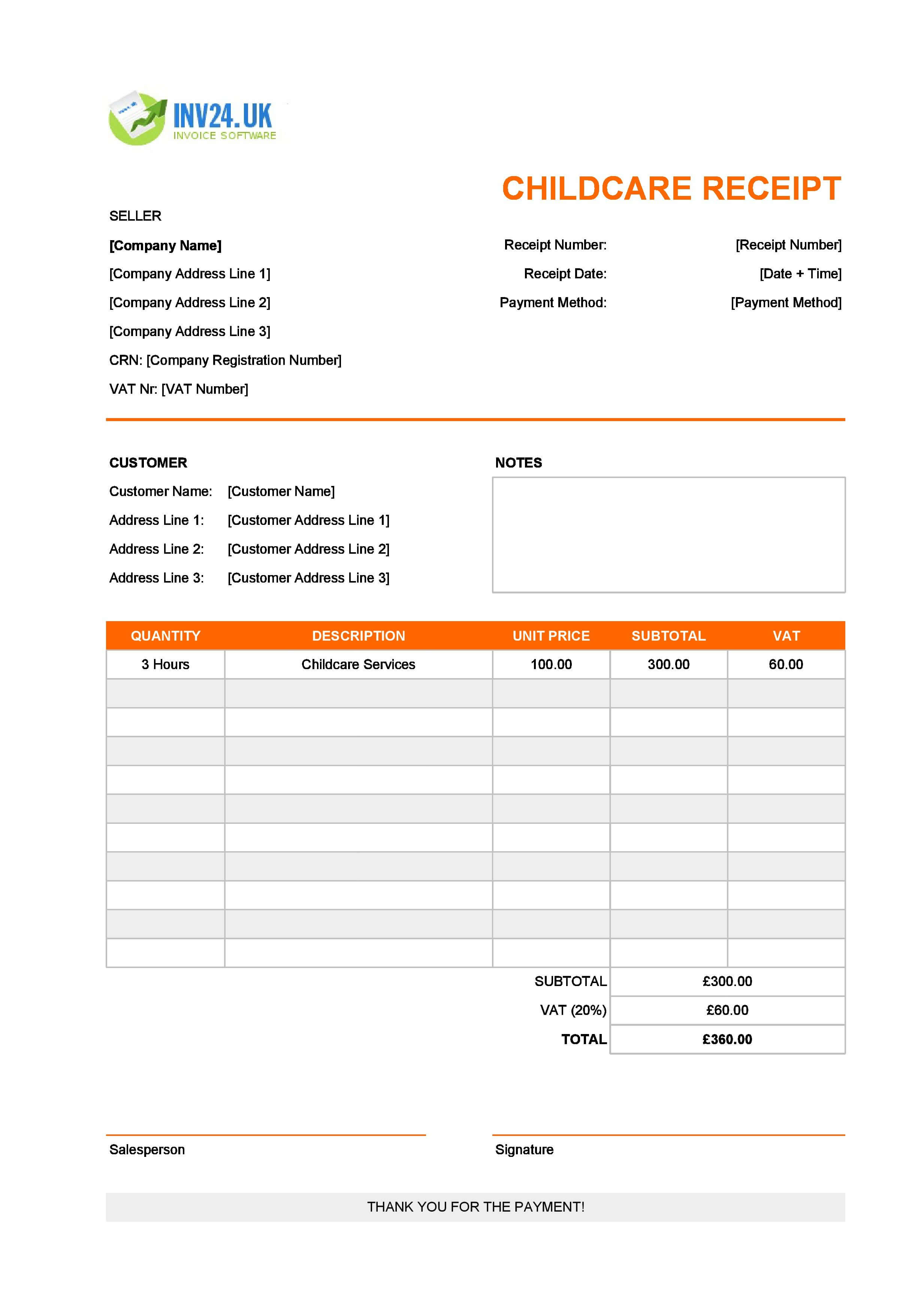 Childcare Receipt Template for UK (Excel / Google Sheets)