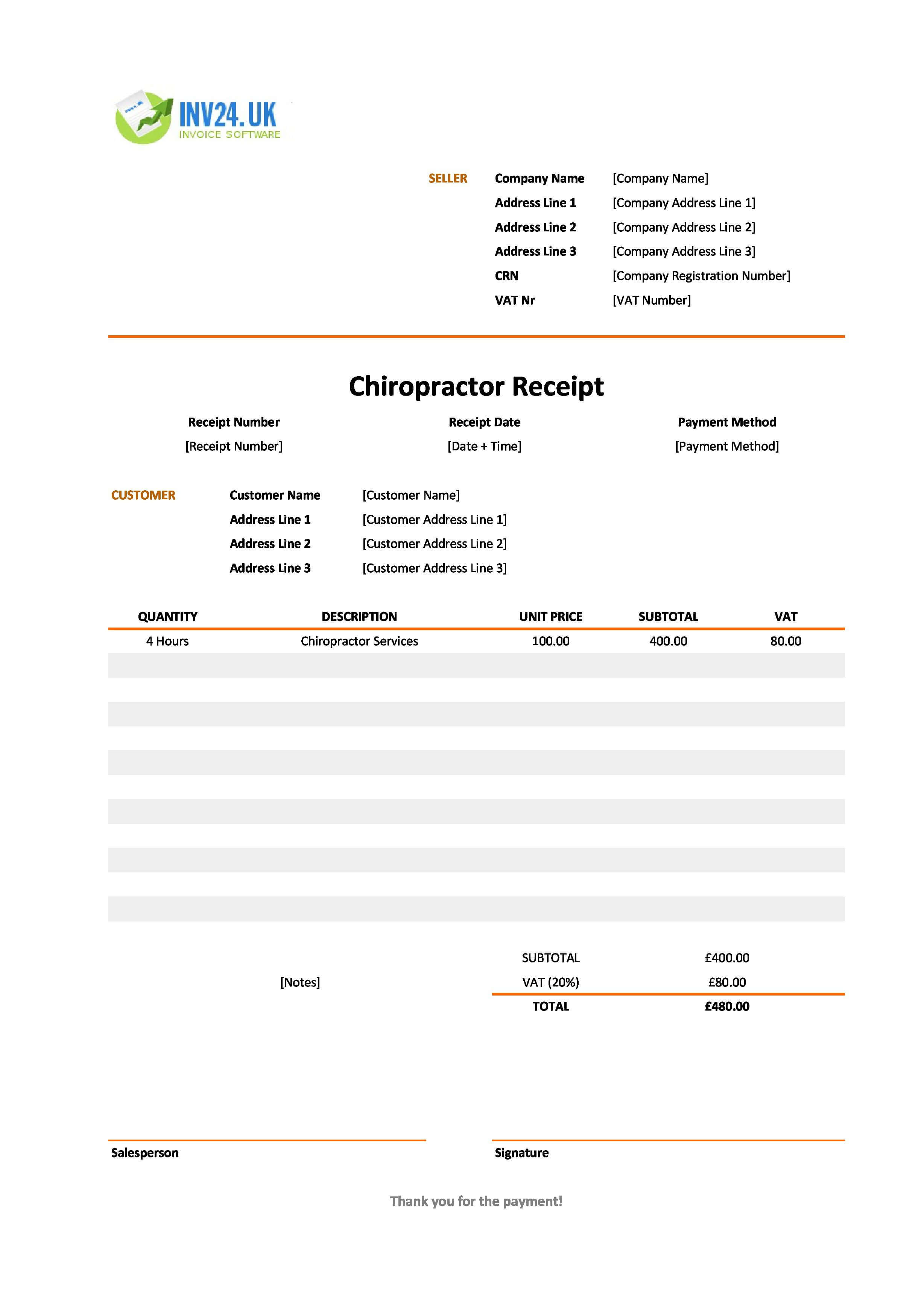 Chiropractic Receipt Template for UK (Excel / Google Sheets)