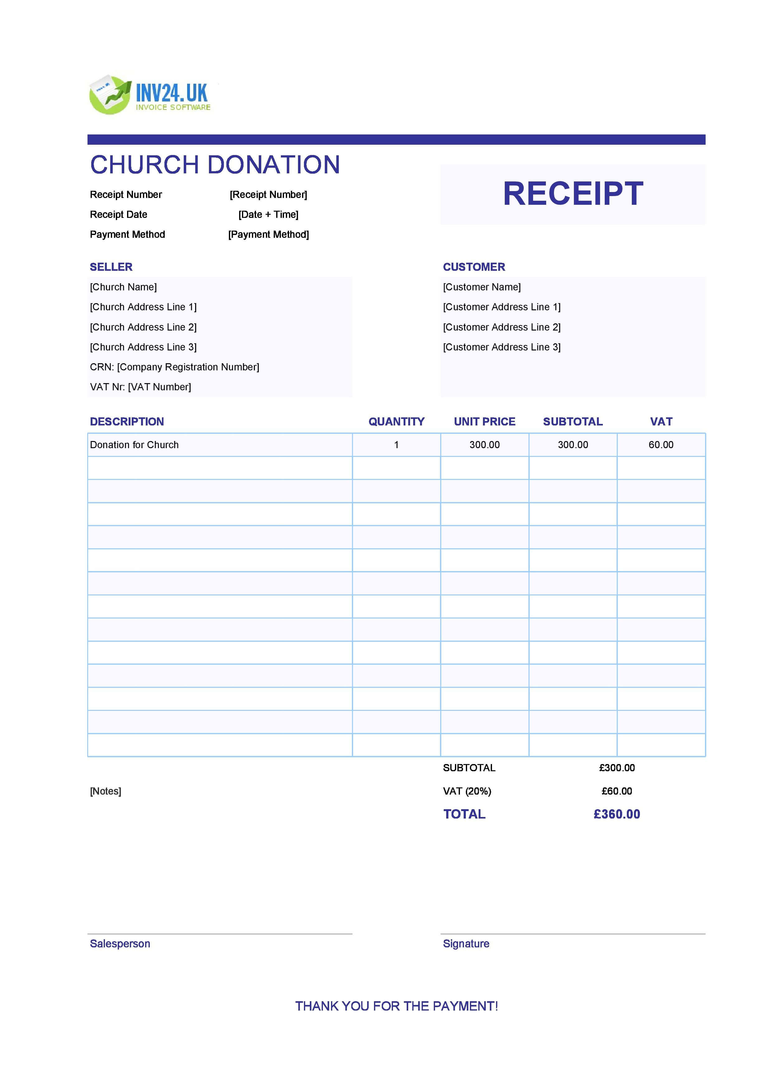 Church Donation Receipt Template for UK (Excel / Google Sheets)