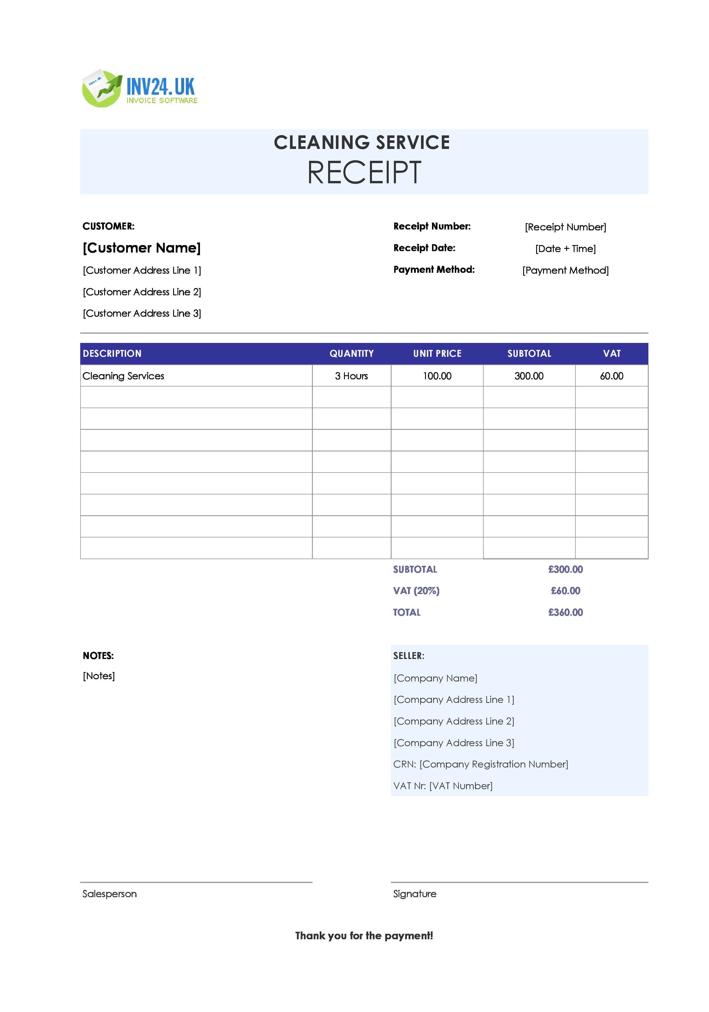 Cleaning Service Receipt Template for UK (Excel / Google Sheets)