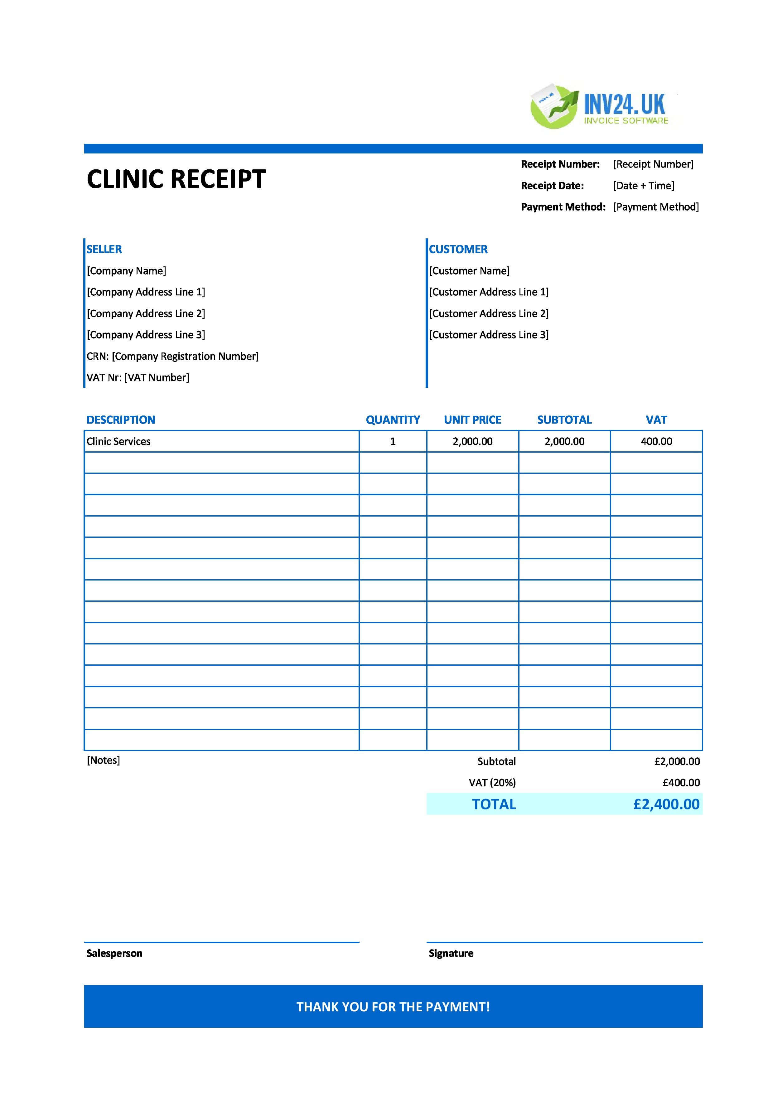 Clinic Receipt Template for UK (Excel / Google Sheets)
