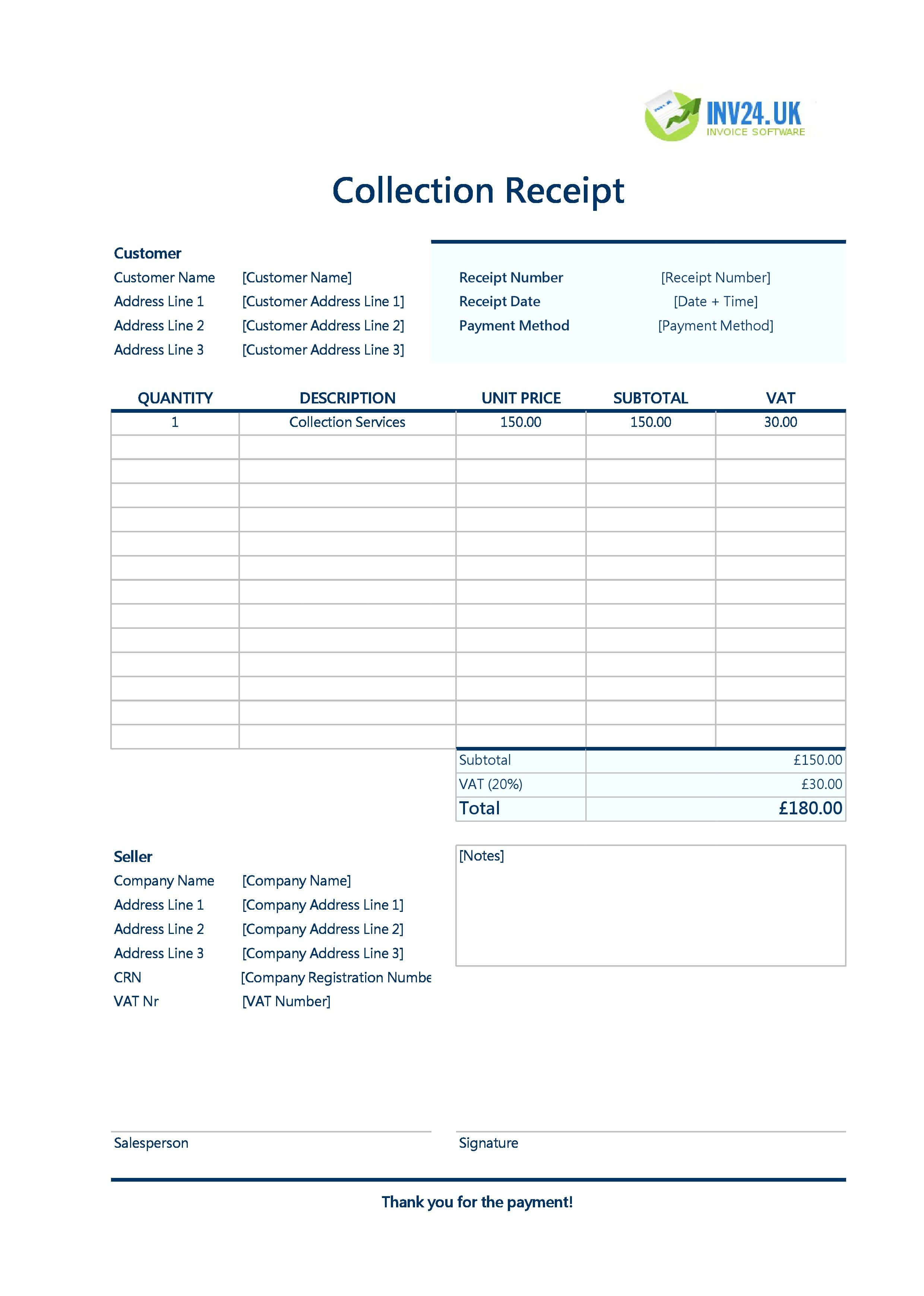 Collection Receipt Template for UK (Excel / Google Sheets)