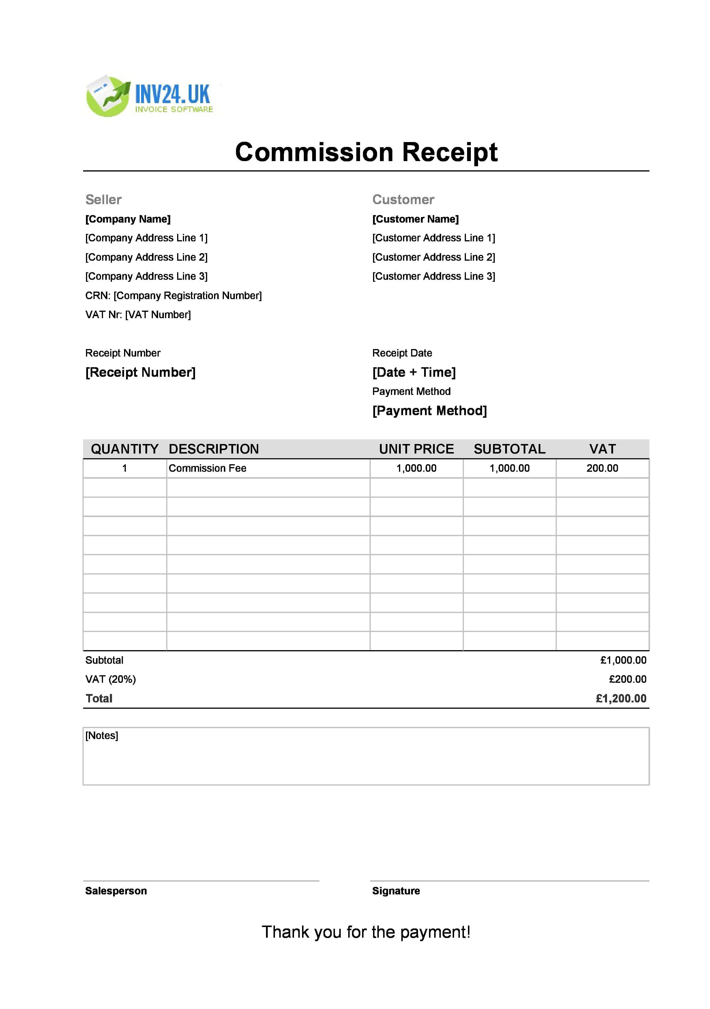Commission Receipt Template for UK (Excel / Google Sheets)