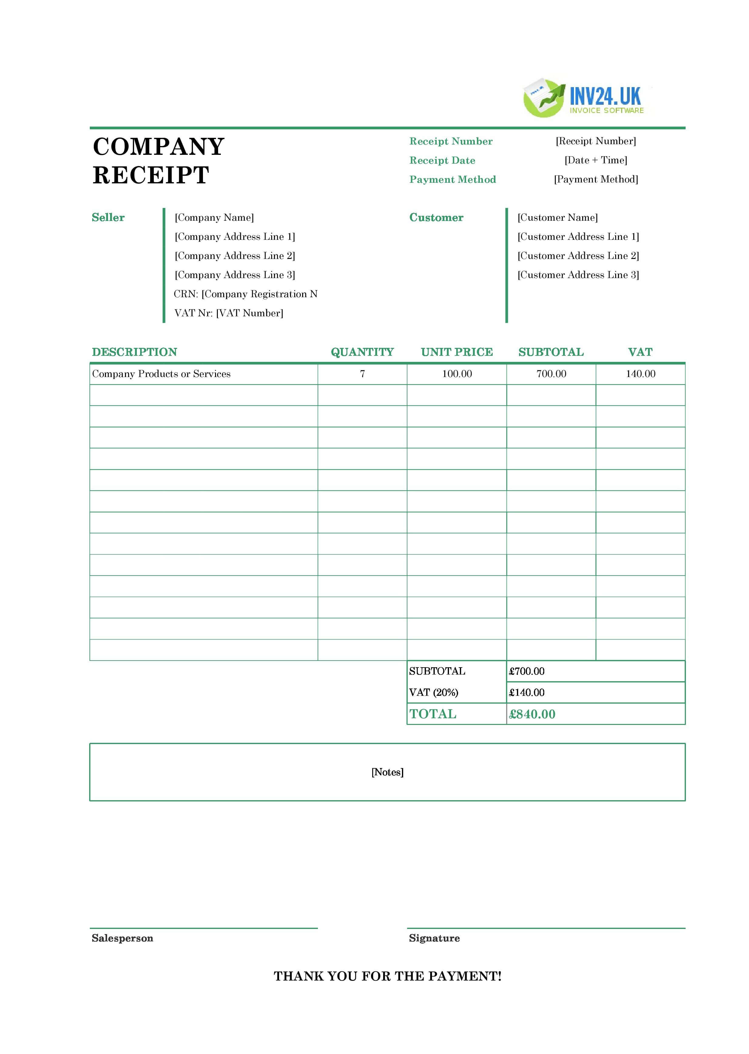 Company Receipt Template for UK (Excel / Google Sheets)