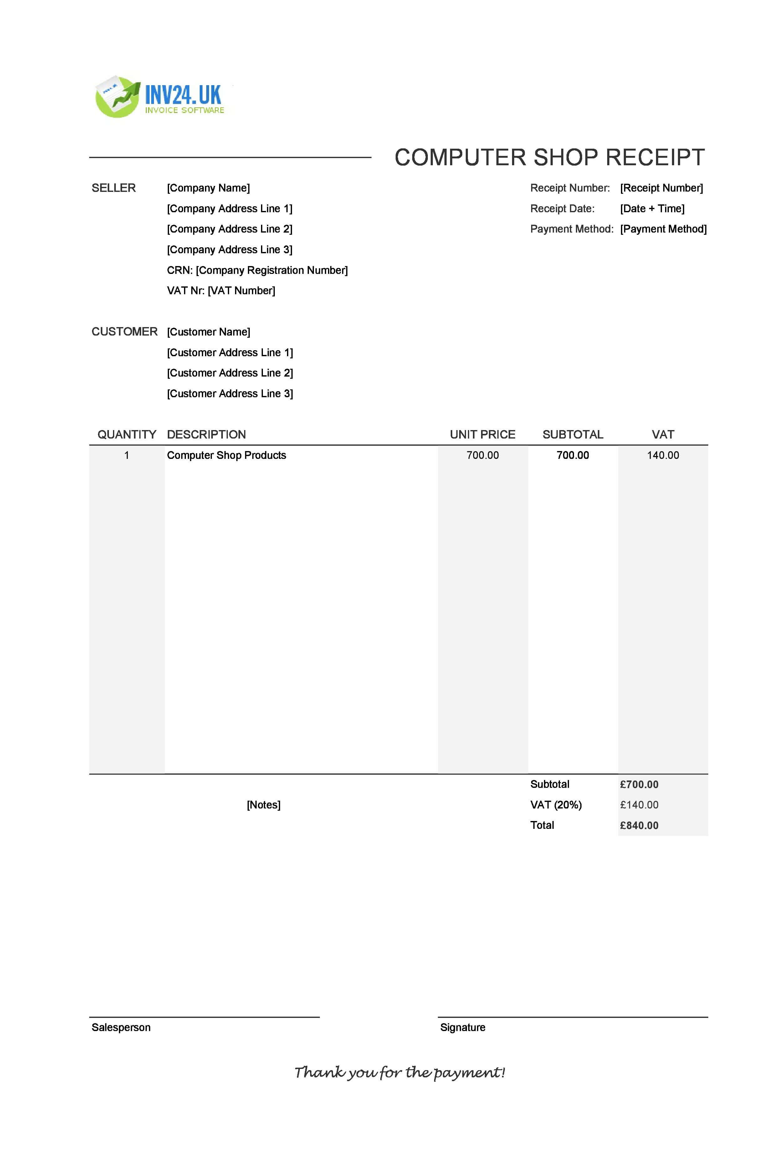 Computer Shop Receipt Template for UK (Excel / Google Sheets)