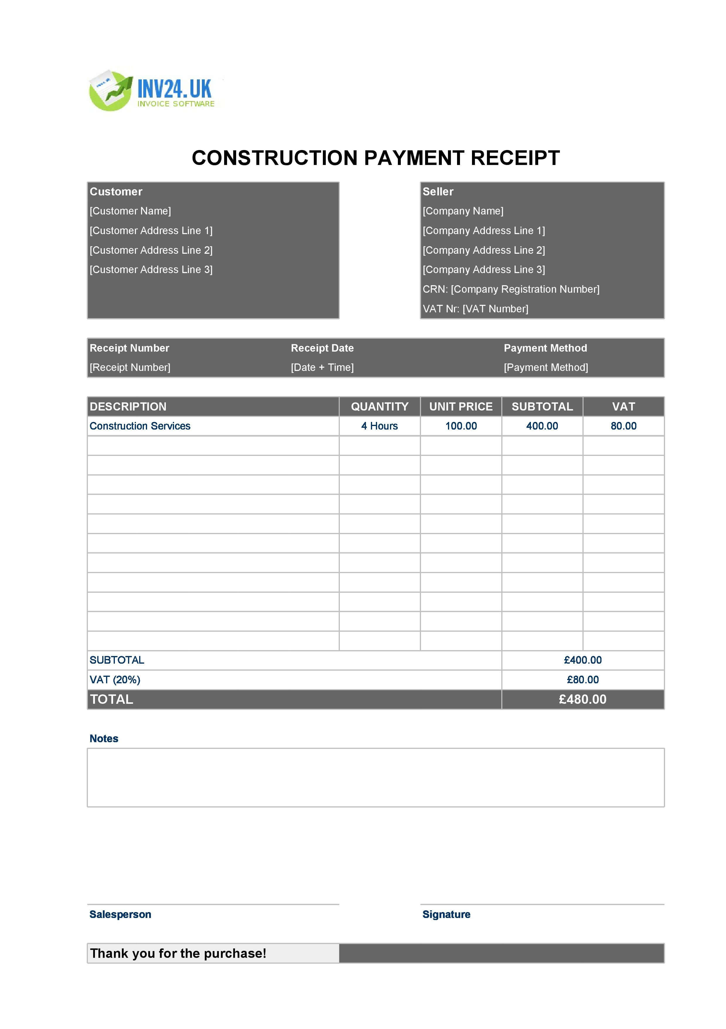 Construction Payment Receipt Template for UK (Excel / Google Sheets)