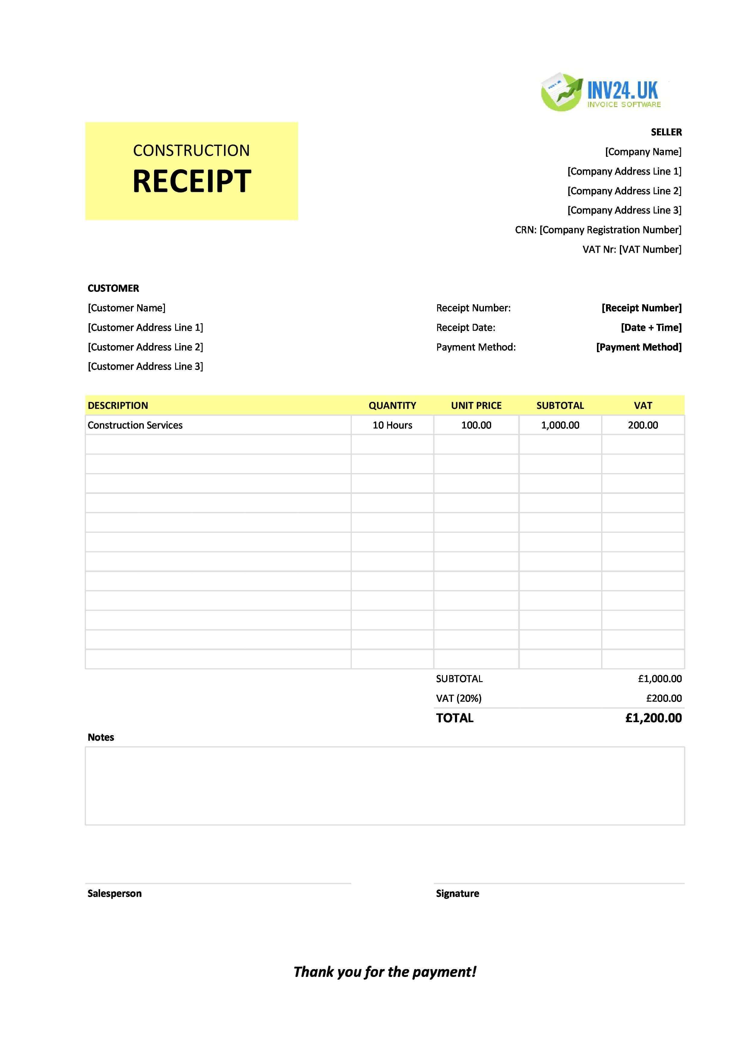Construction Receipt Template for UK (Excel / Google Sheets)