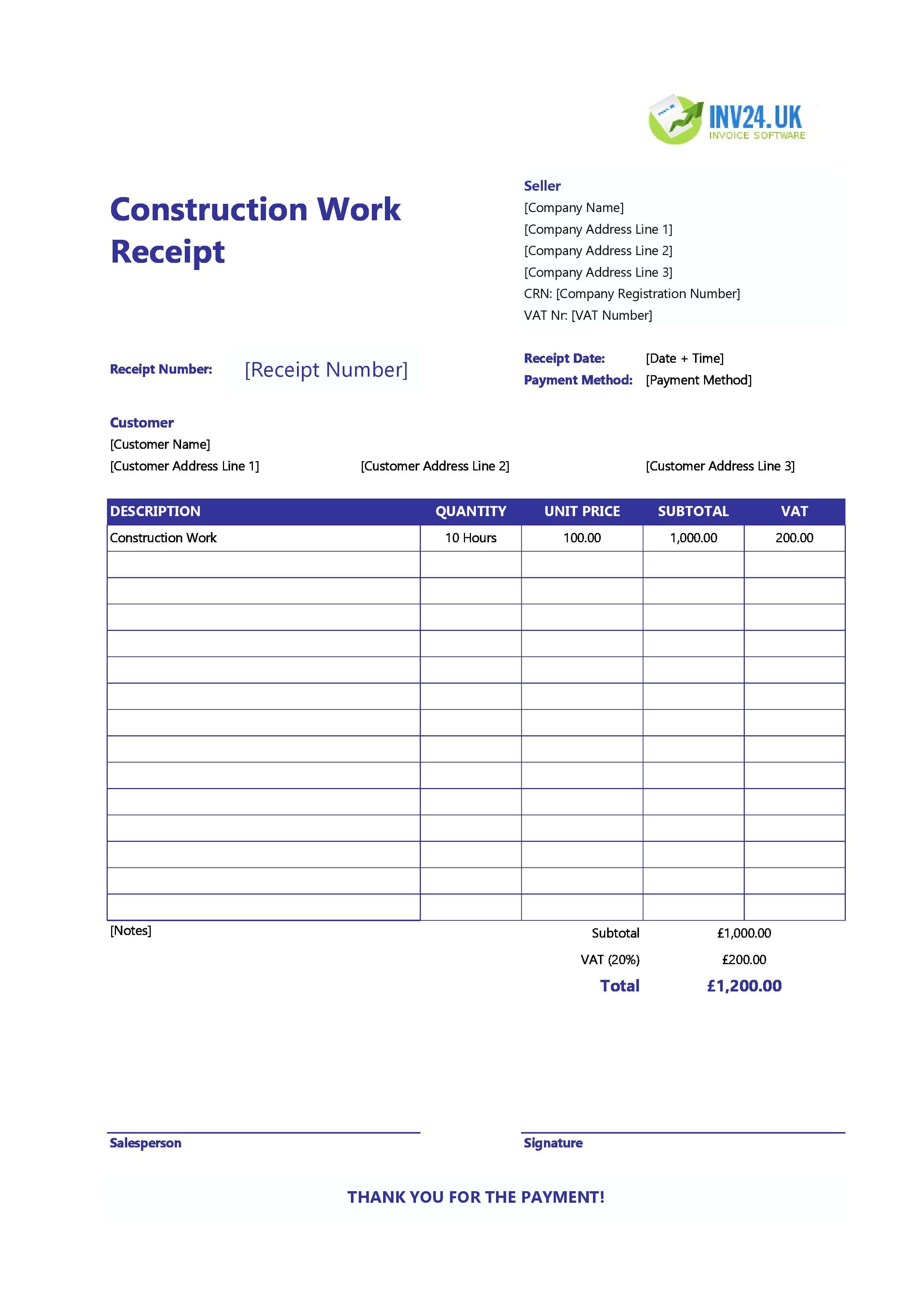 Construction Work Receipt Template for UK (Excel / Google Sheets)