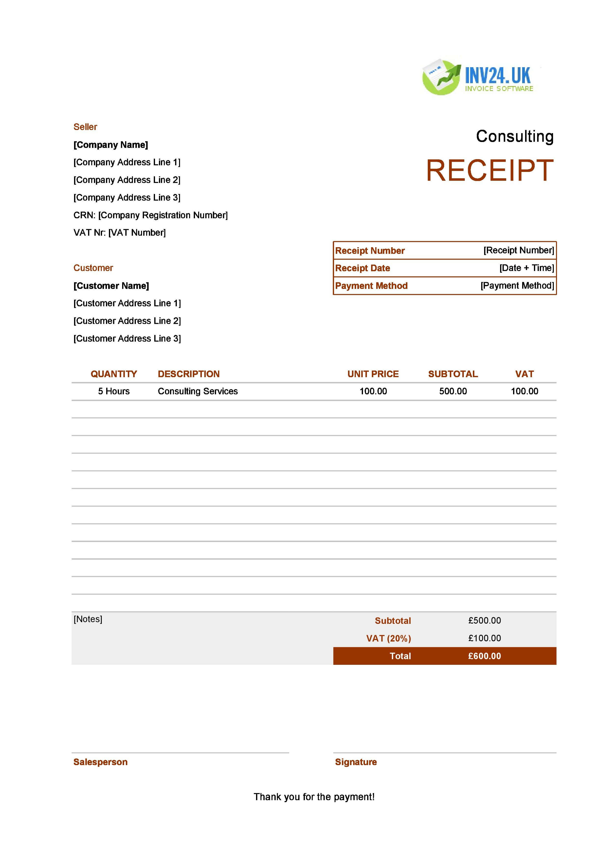 Consulting Receipt Template for UK (Excel / Google Sheets)