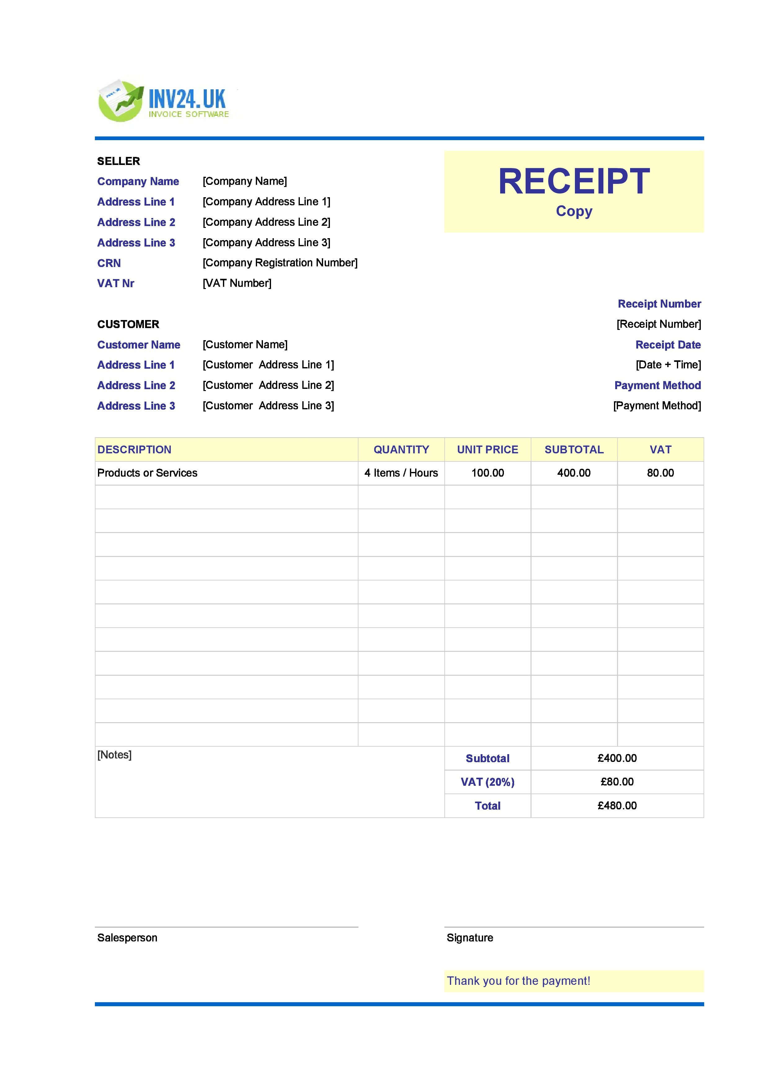 Copy of Receipt Template for UK (Excel / Google Sheets)