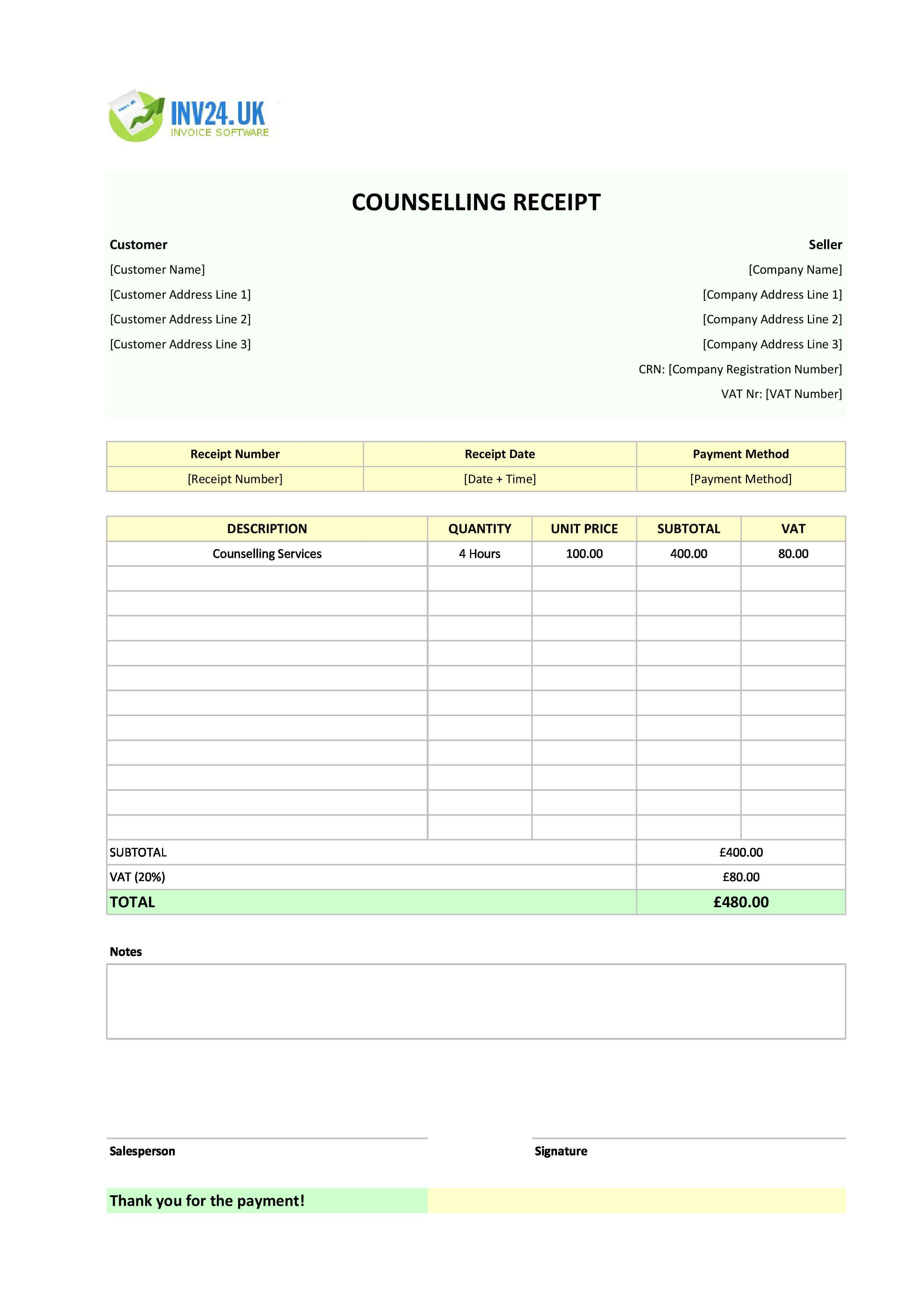Counselling Receipt Template for UK (Excel / Google Sheets)