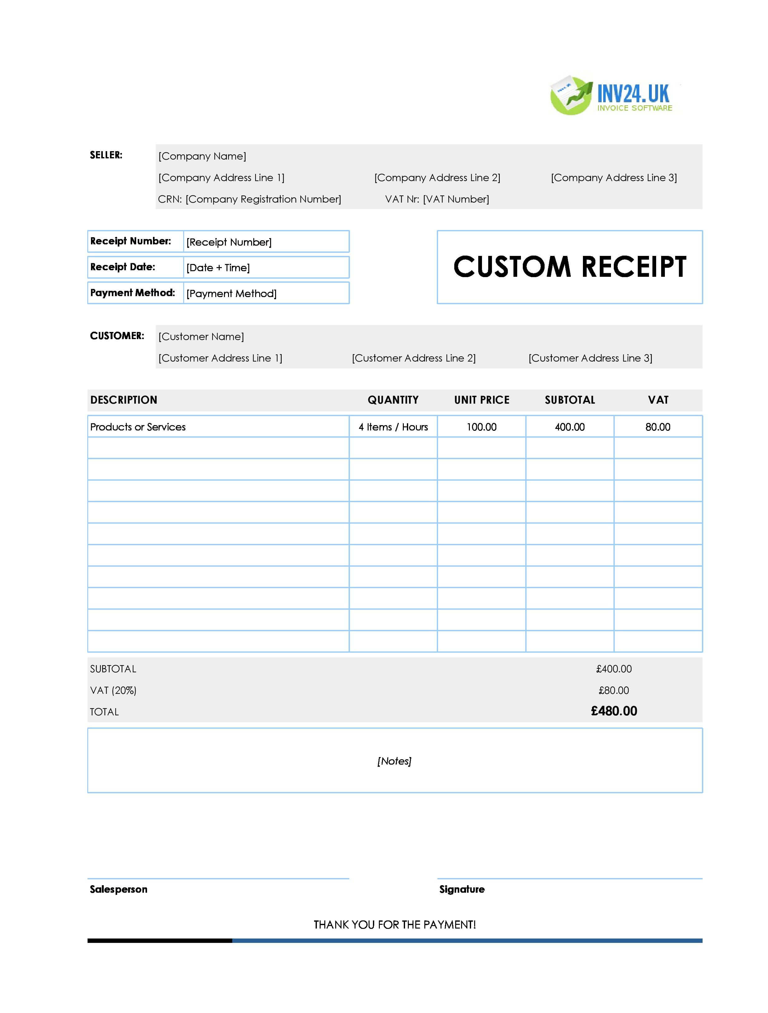 Custom Receipt Template for UK (Excel / Google Sheets)