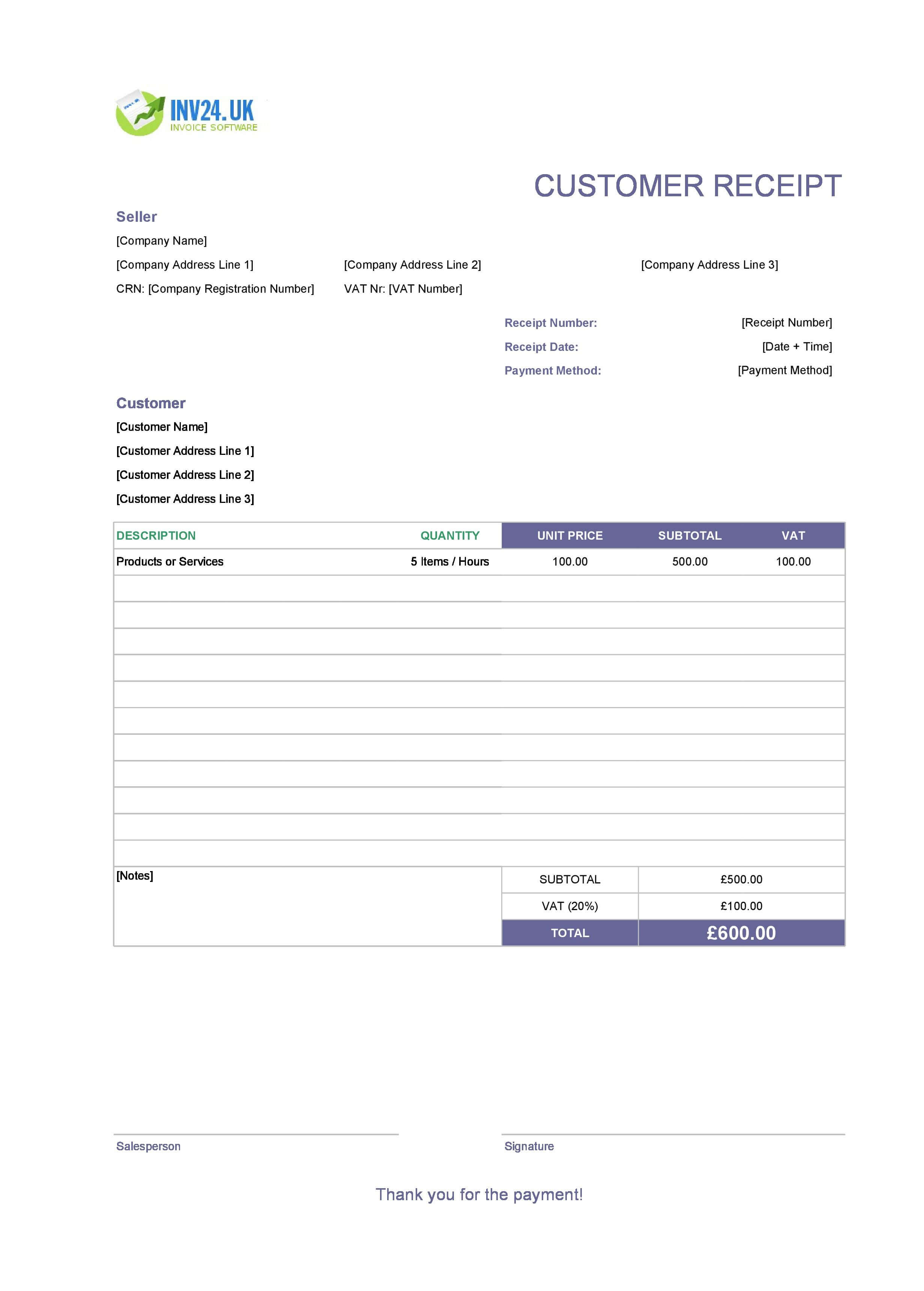 Customer Receipt Template for UK (Excel / Google Sheets)