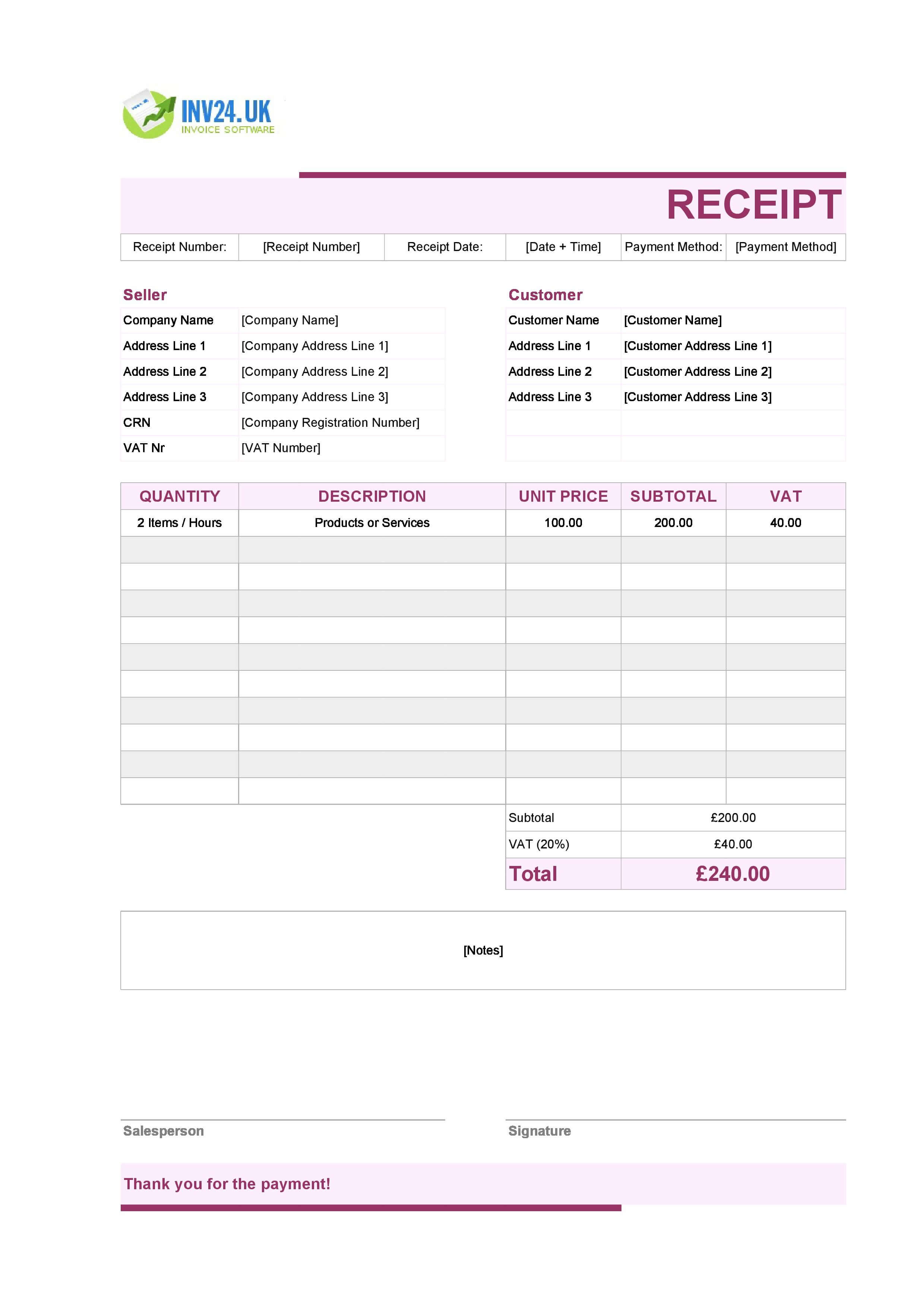 Cute Receipt Template for UK (Excel / Google Sheets)