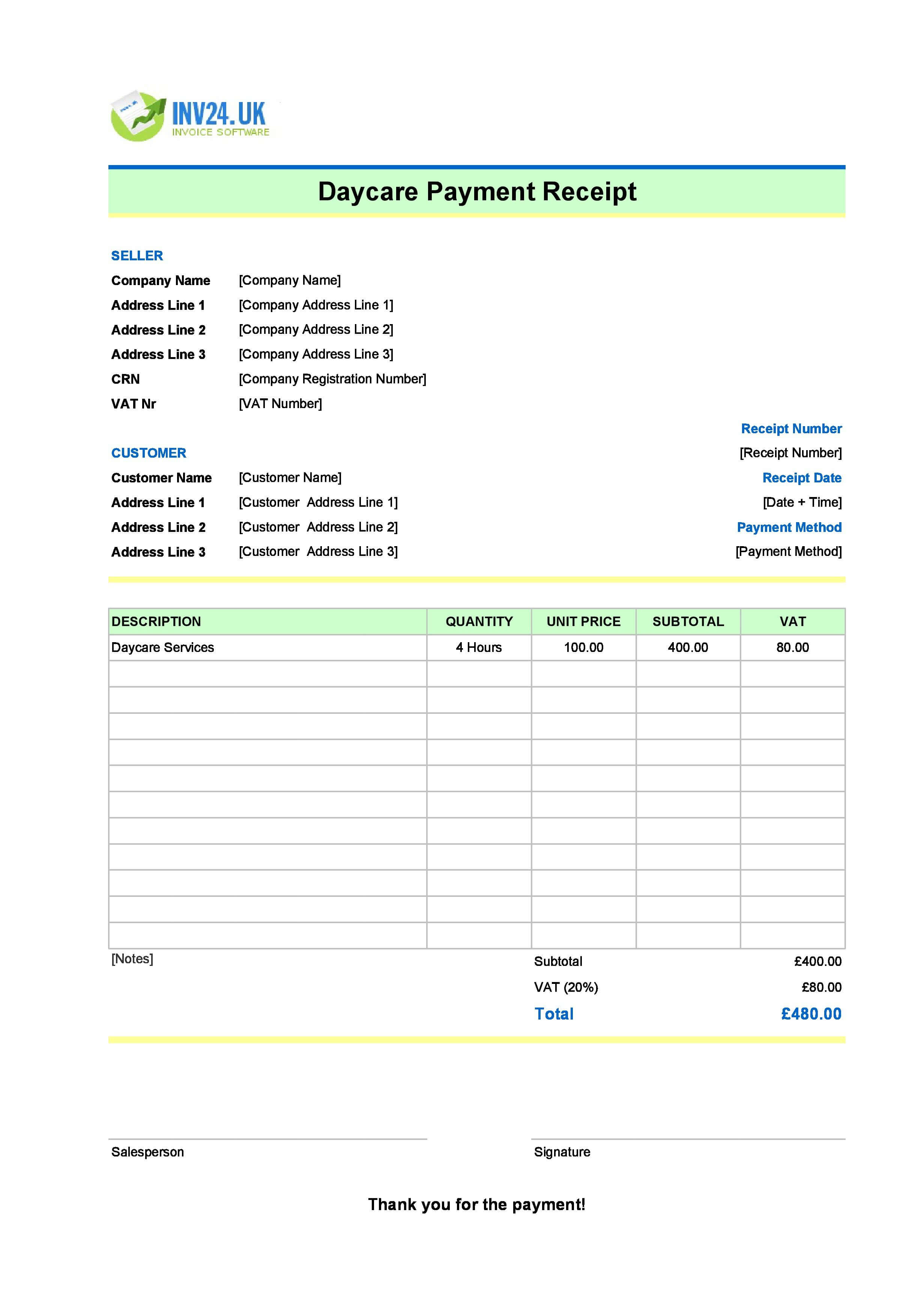 Daycare Payment Receipt Template for UK (Excel / Google Sheets)