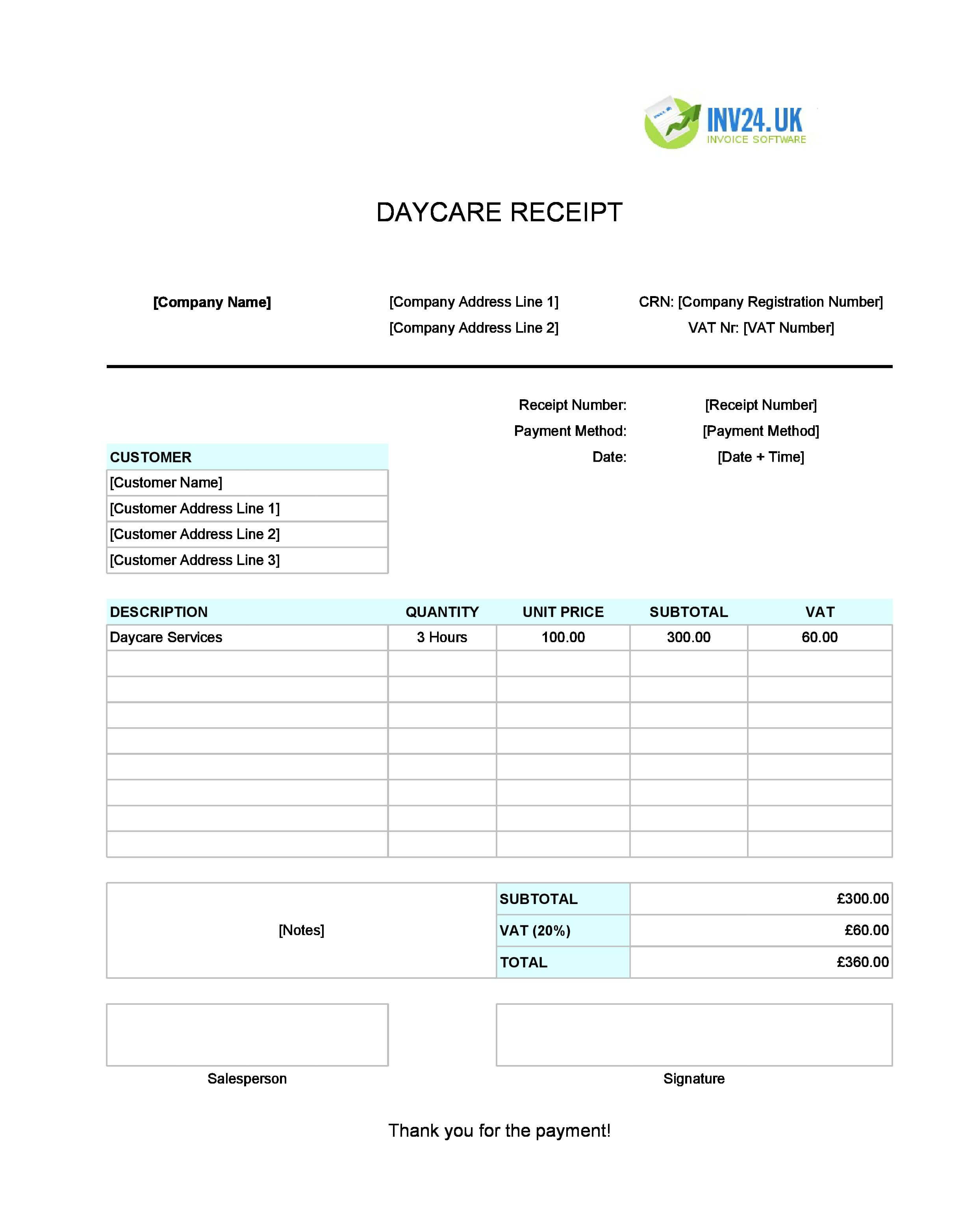 Daycare Receipt Template for UK (Excel / Google Sheets)