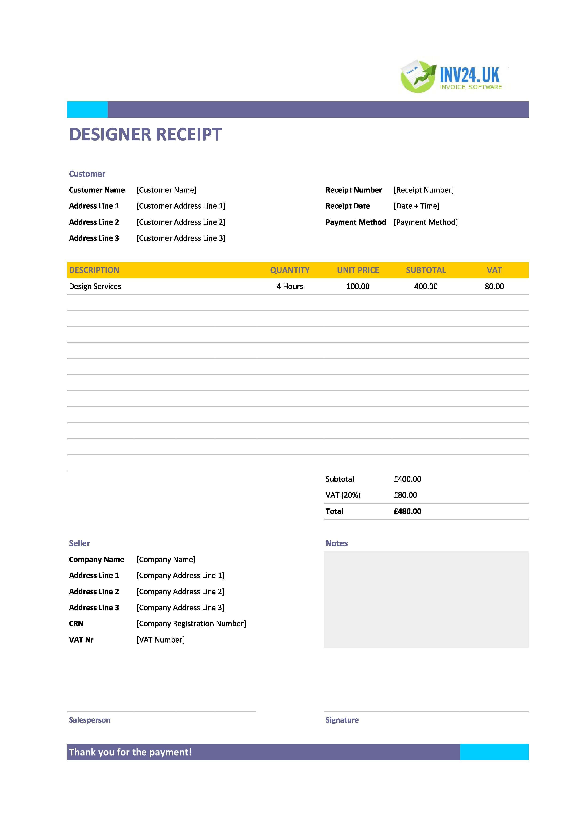 Designer Receipt Template for UK (Excel / Google Sheets)