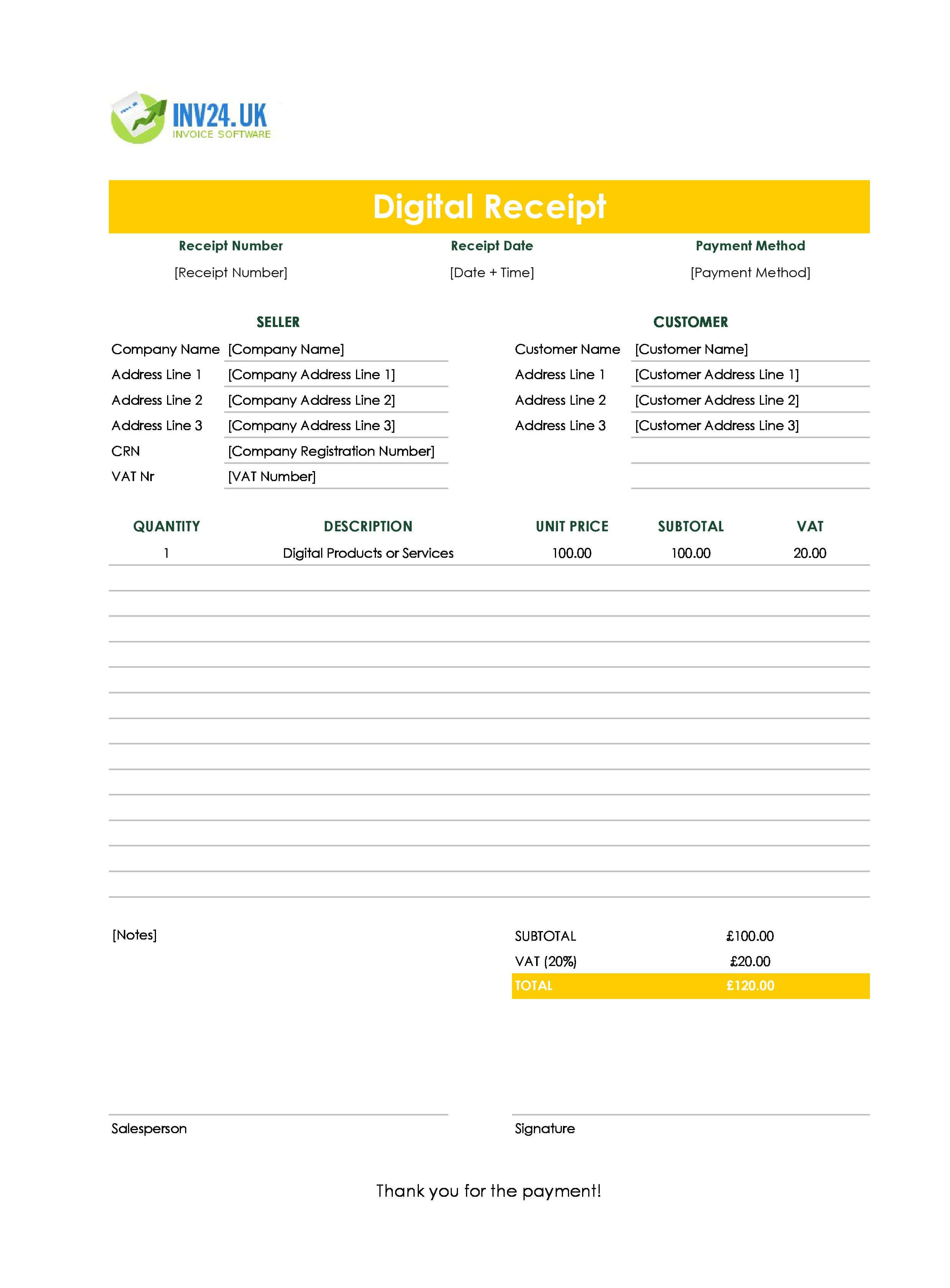 Digital Receipt Template for UK (Excel / Google Sheets)