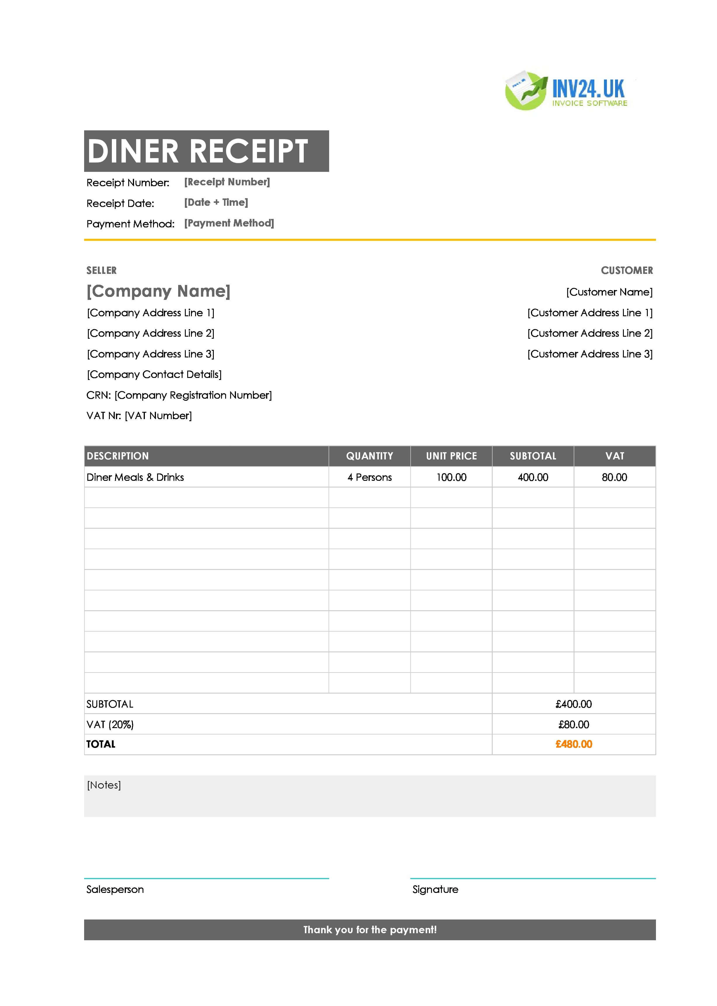 Diner Receipt Template for UK (Excel / Google Sheets)