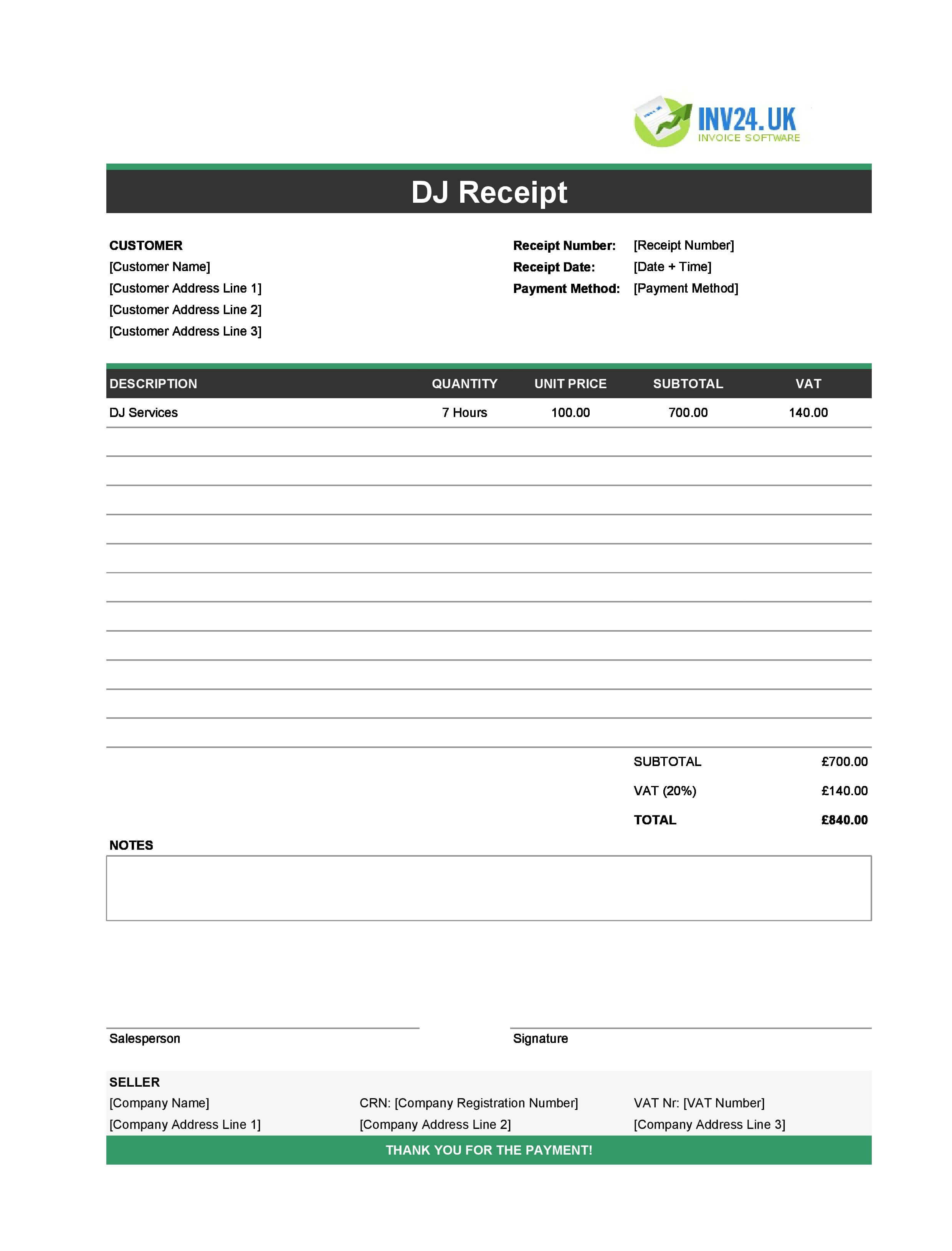 DJ Receipt Template for UK (Excel / Google Sheets)