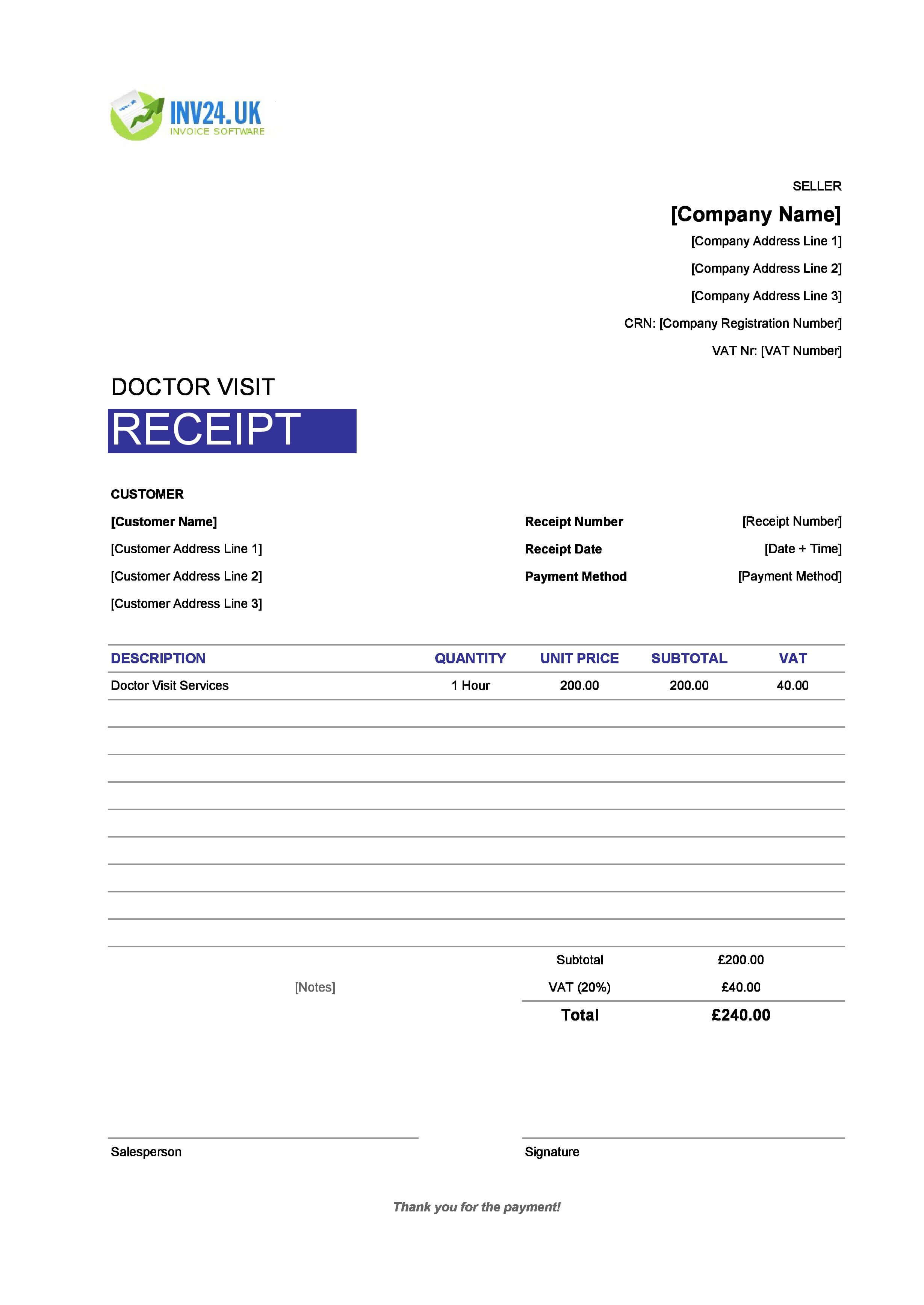 Doctor Visit Receipt Template for UK (Excel / Google Sheets)