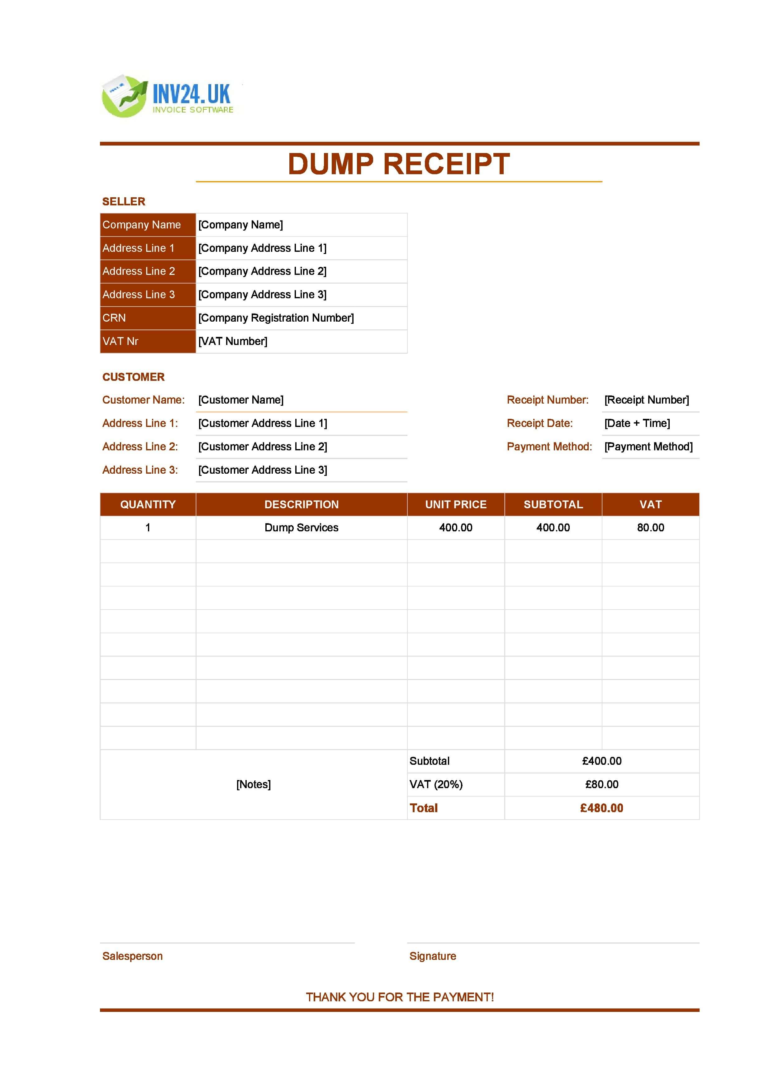 Dump Receipt Template for UK (Excel / Google Sheets)