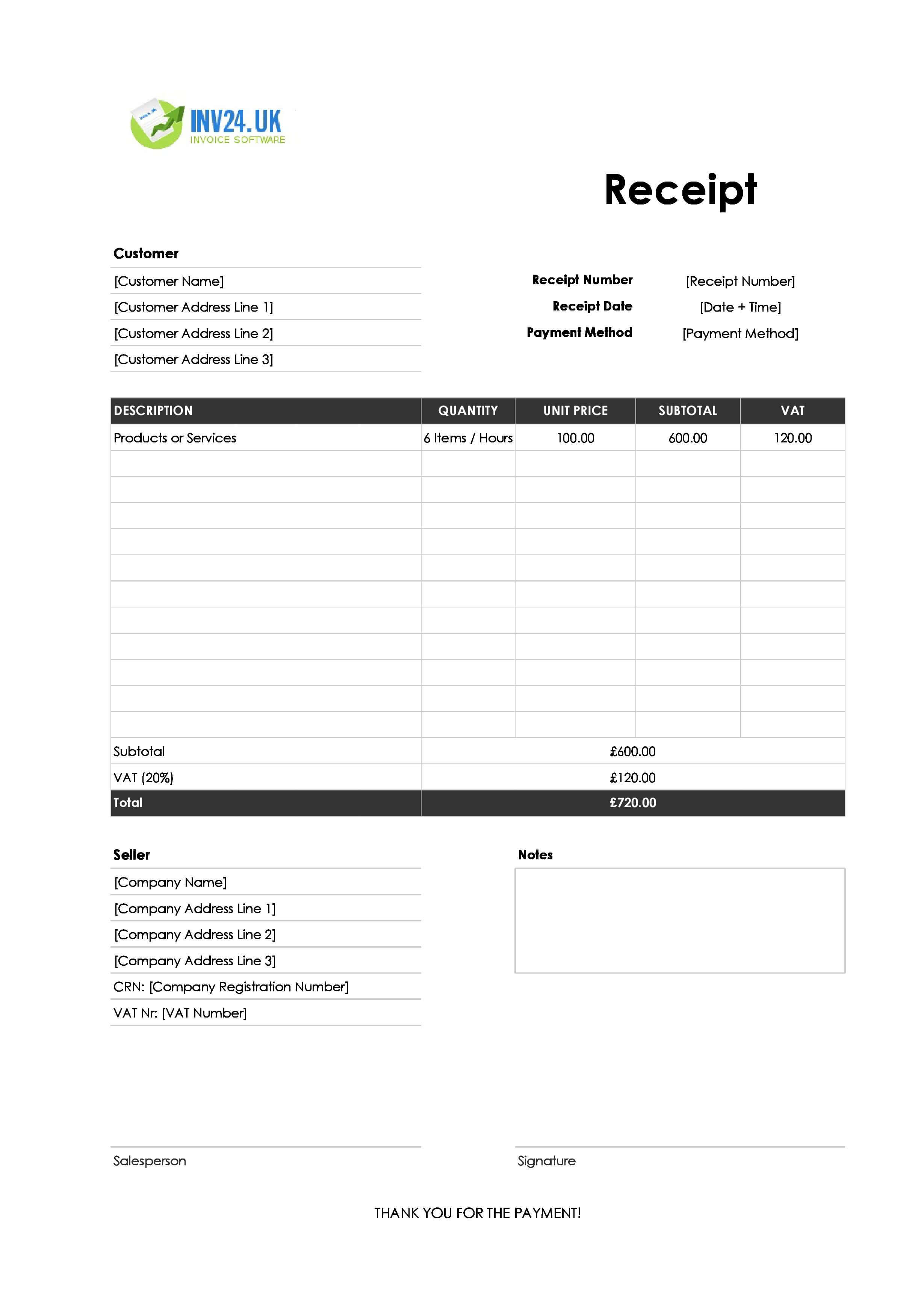 Easy Receipt Template for UK (Excel / Google Sheets)