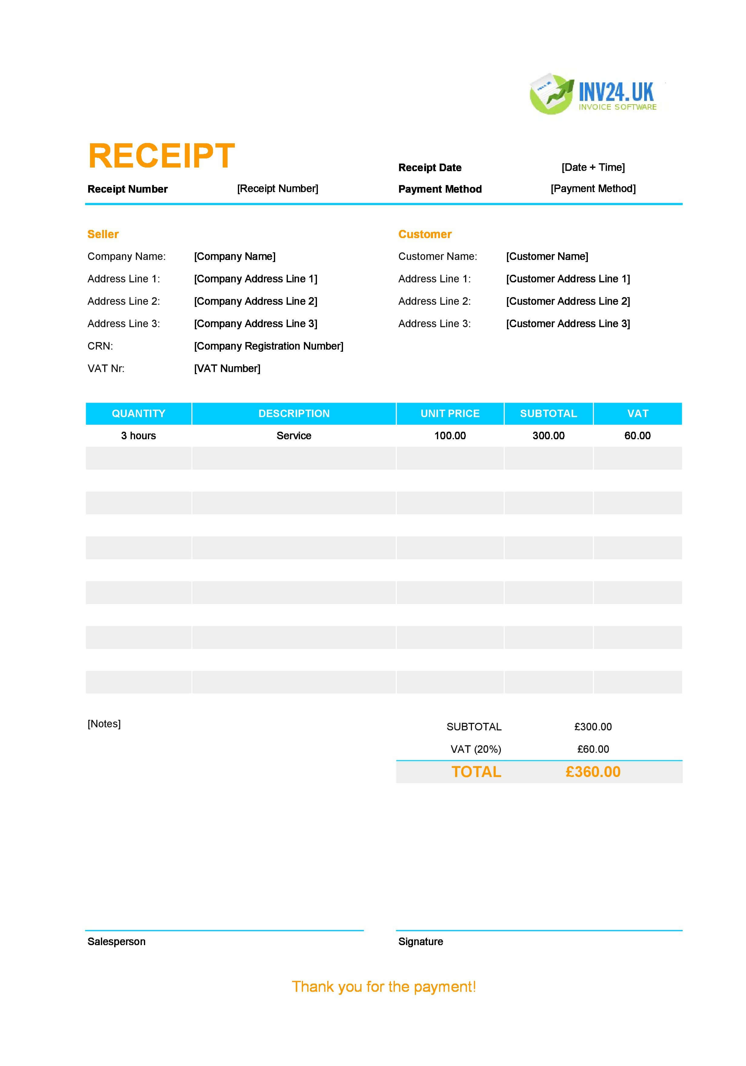 Editable Receipt Template for UK (Excel / Google Sheets)