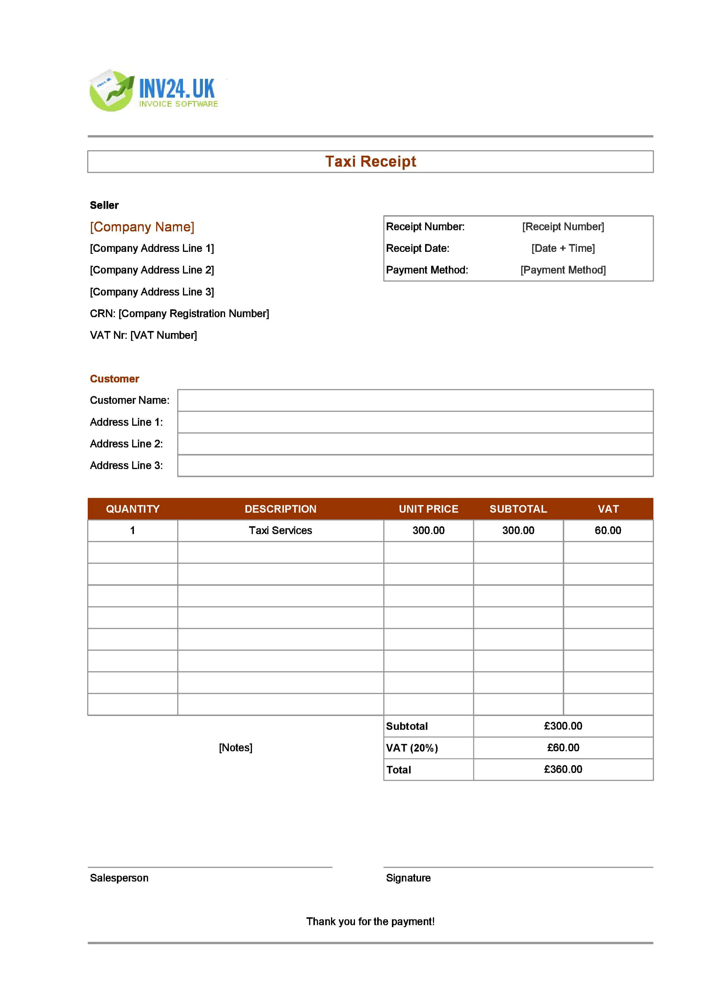 Editable Taxi Receipt Template for UK (Excel / Google Sheets)