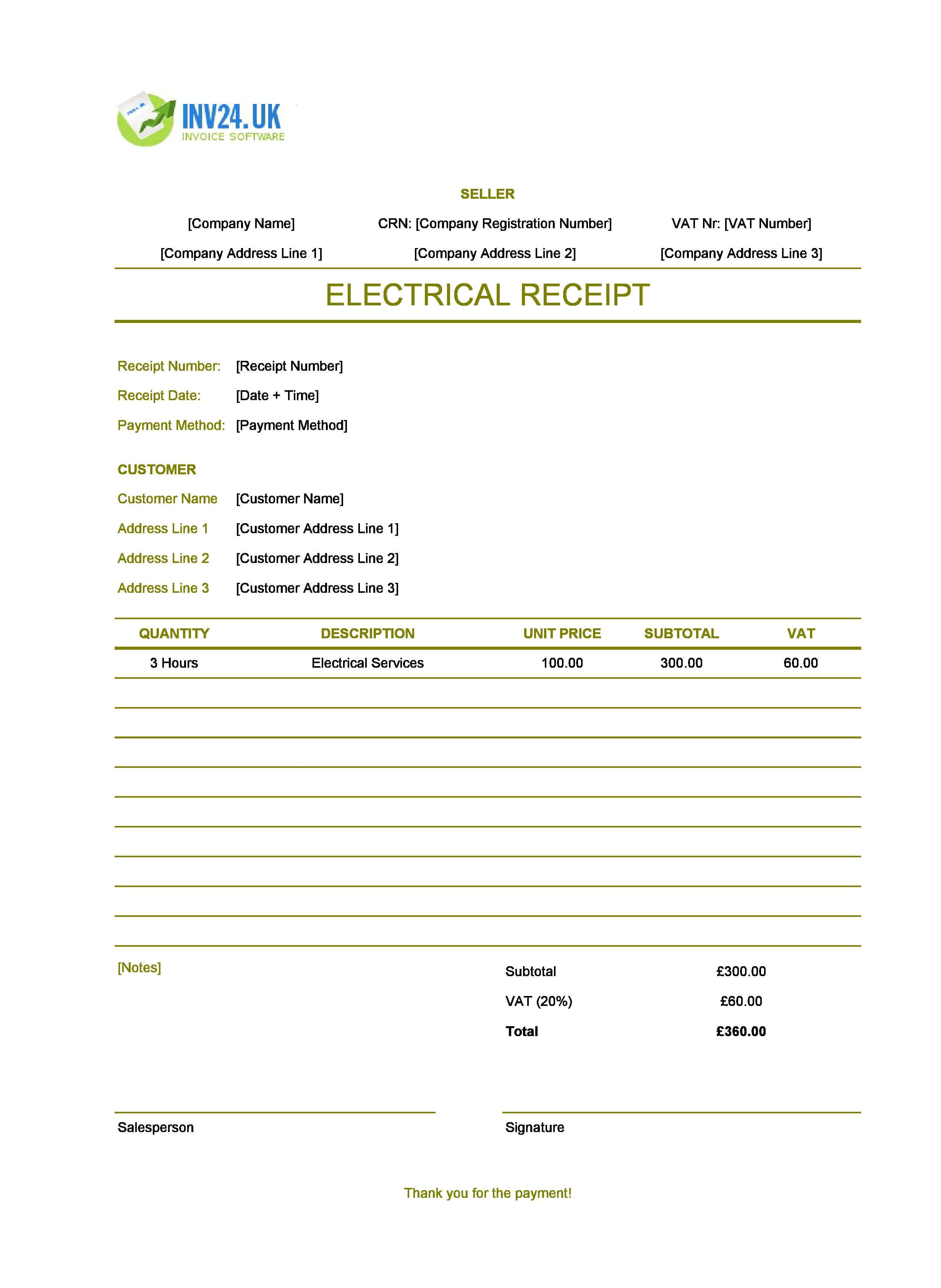 Electrical Receipt Template for UK (Excel / Google Sheets)