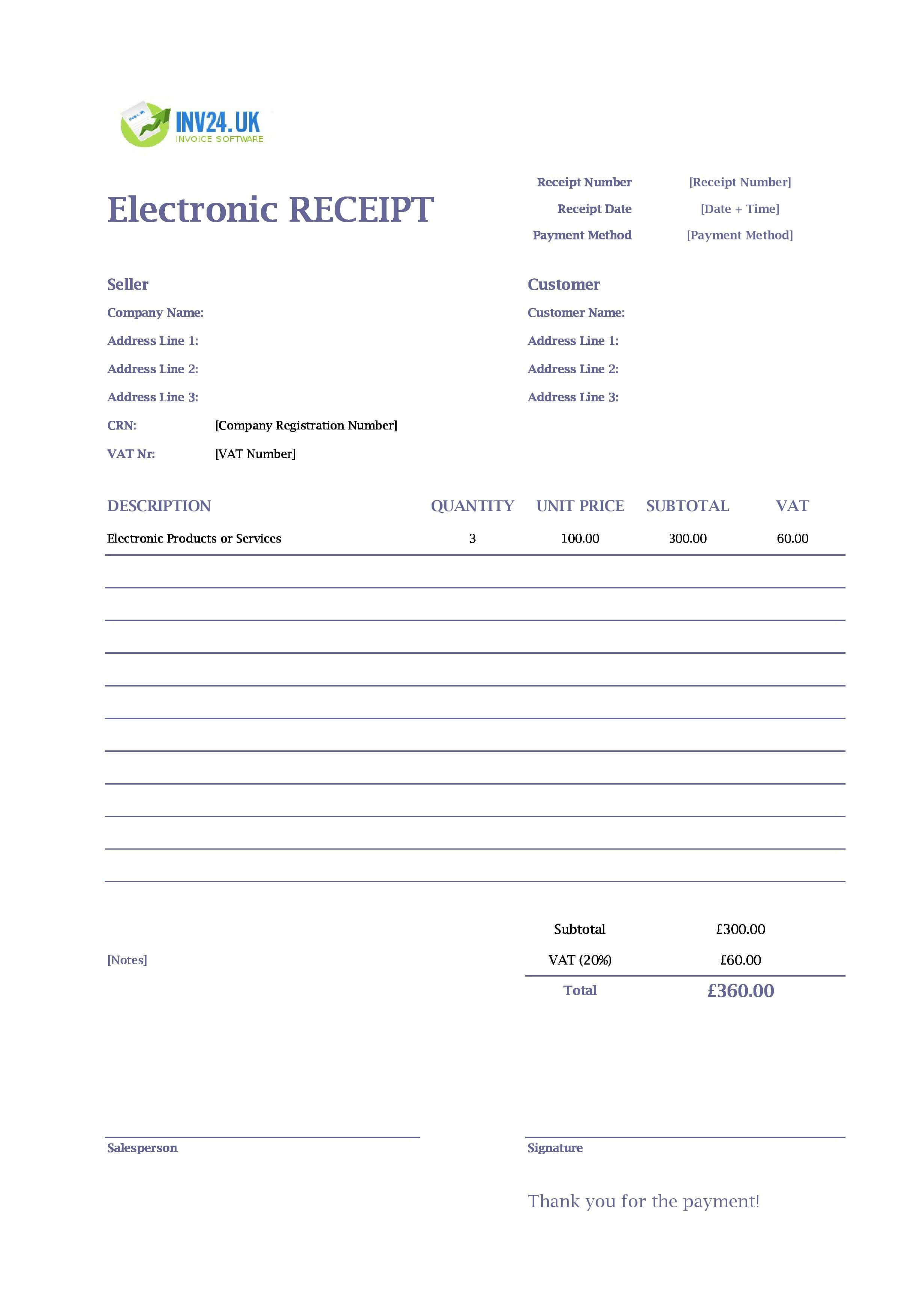 Electronic Receipt Template for UK (Excel / Google Sheets)