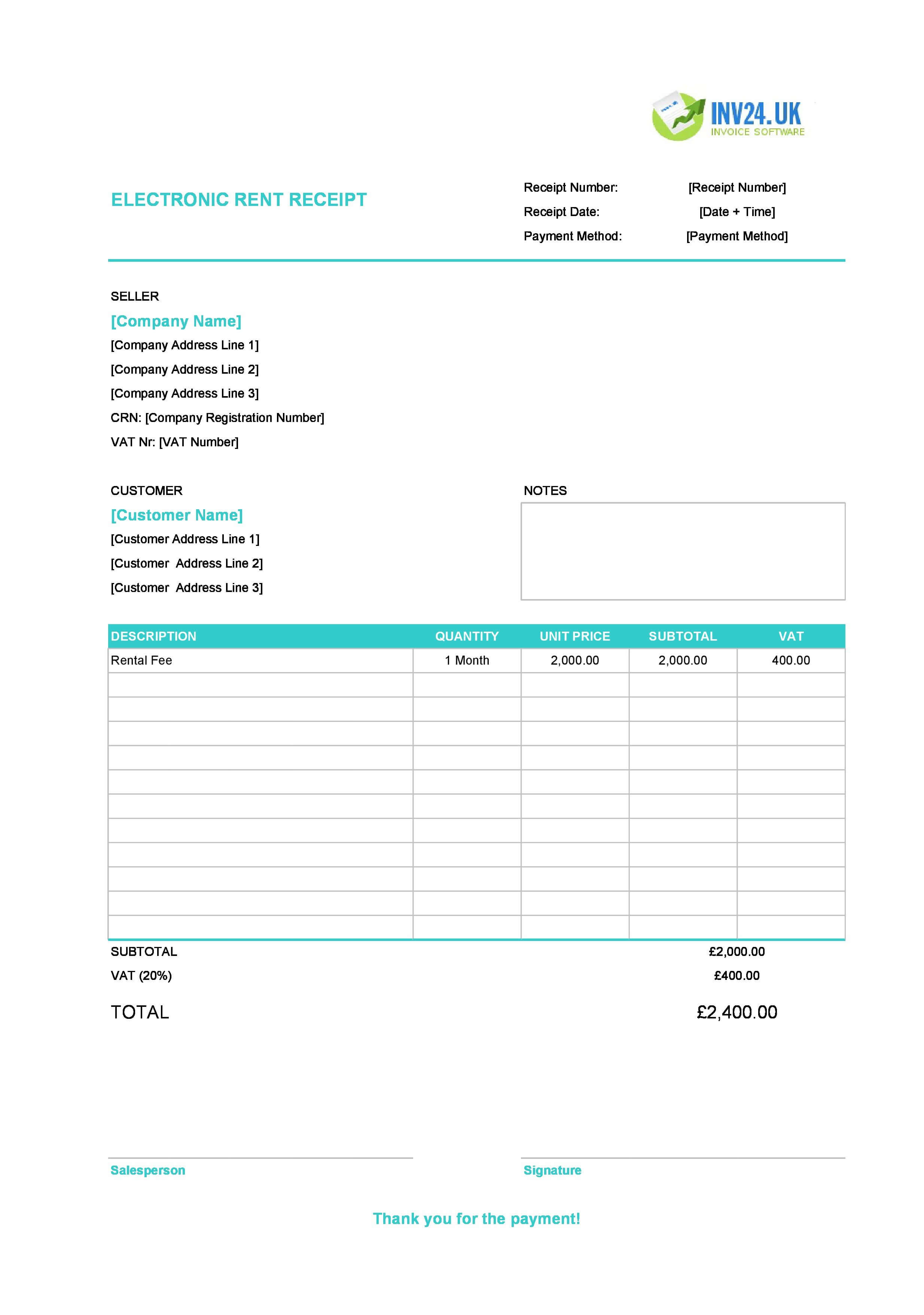 Electronic Rent Receipt Template for UK (Excel / Google Sheets)