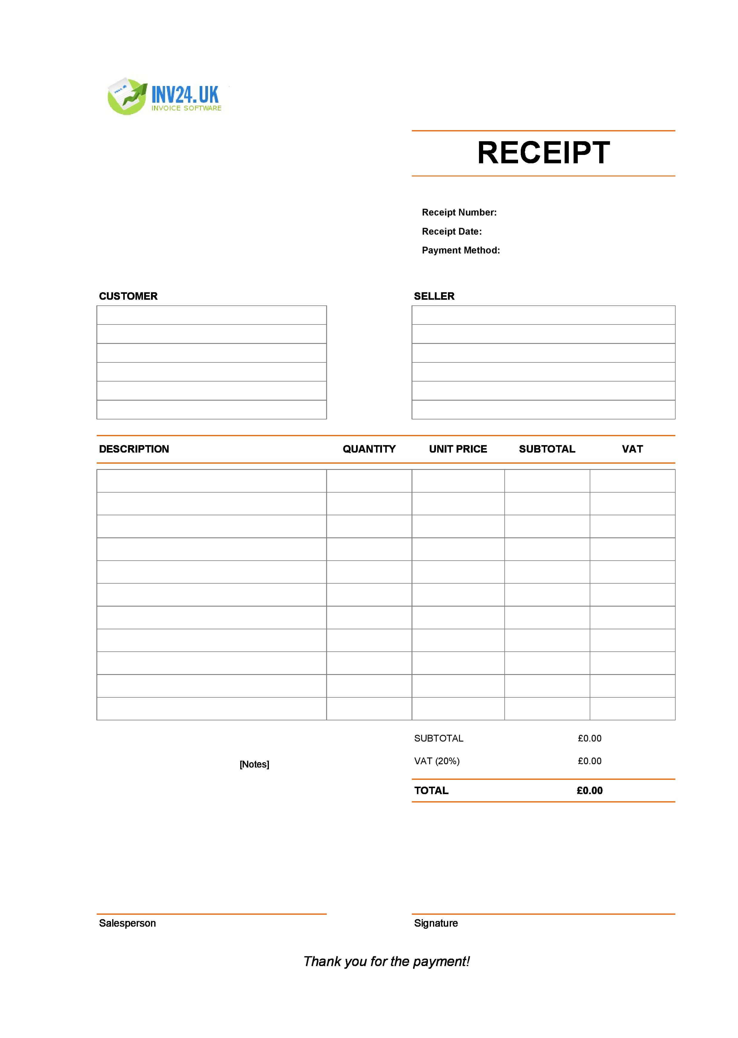 Empty Receipt Template for UK (Excel / Google Sheets)