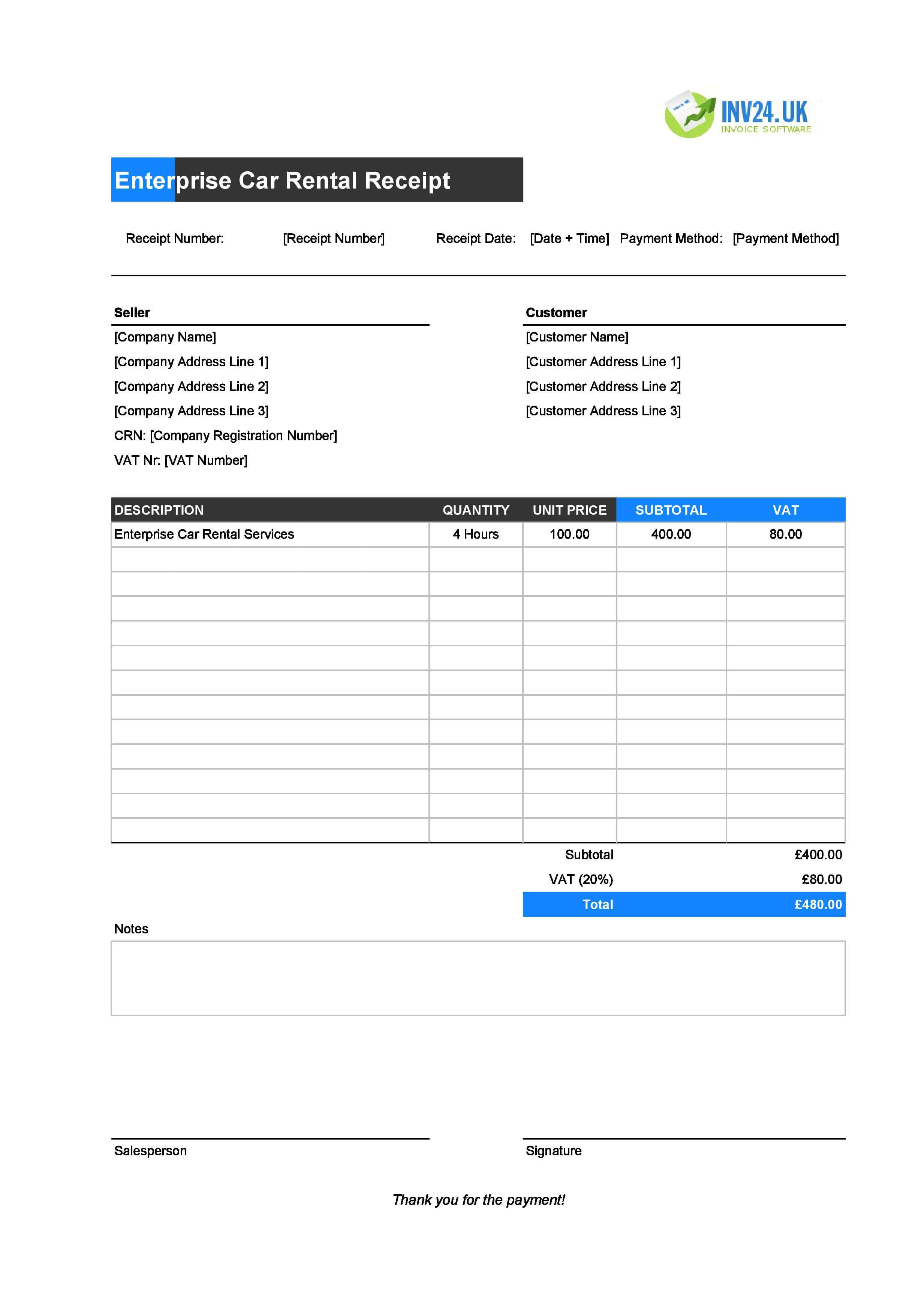 Enterprise Car Rental Receipt Template for UK (Excel / Google Sheets)