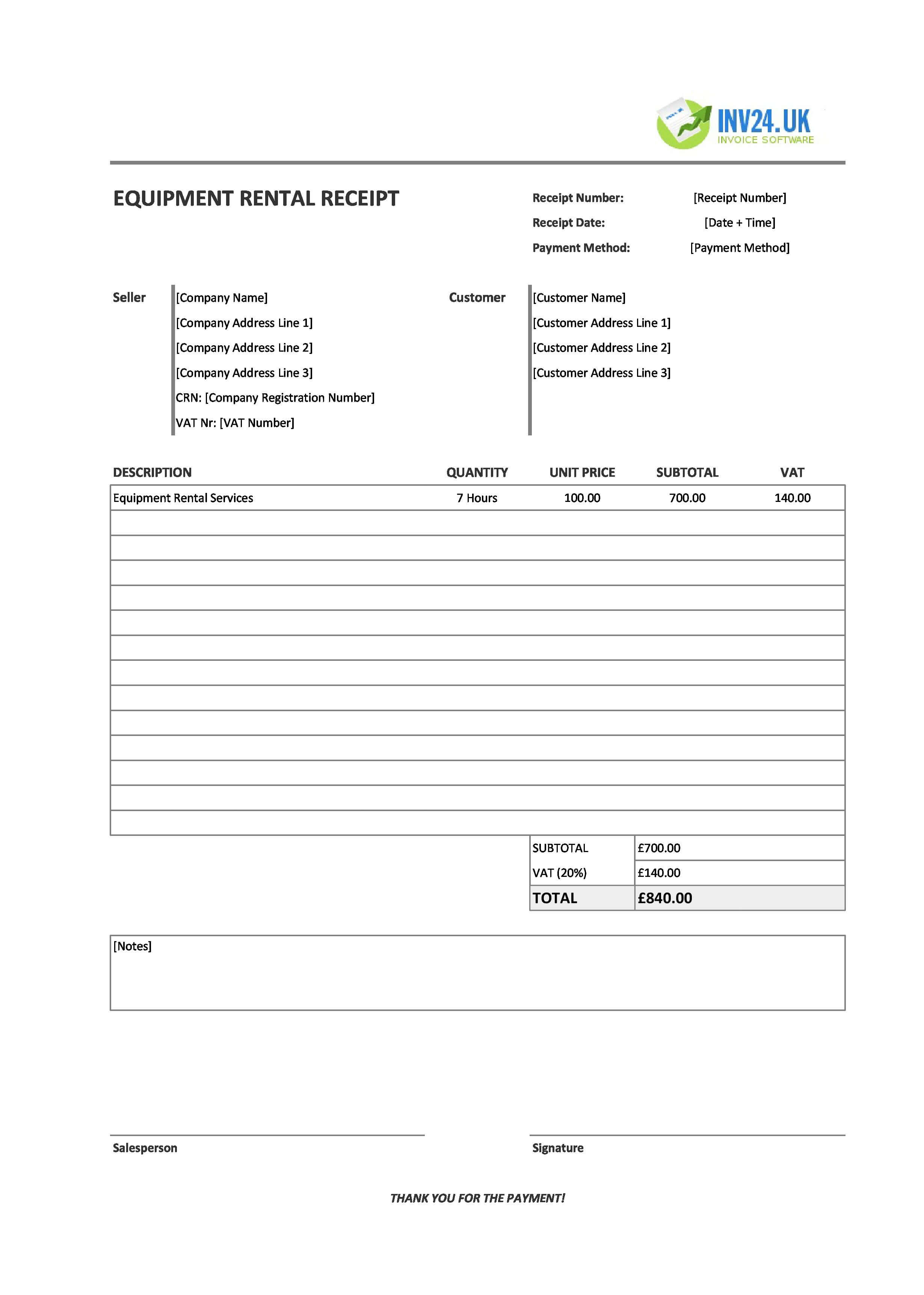 Equipment Rental Receipt Template for UK (Excel / Google Sheets)