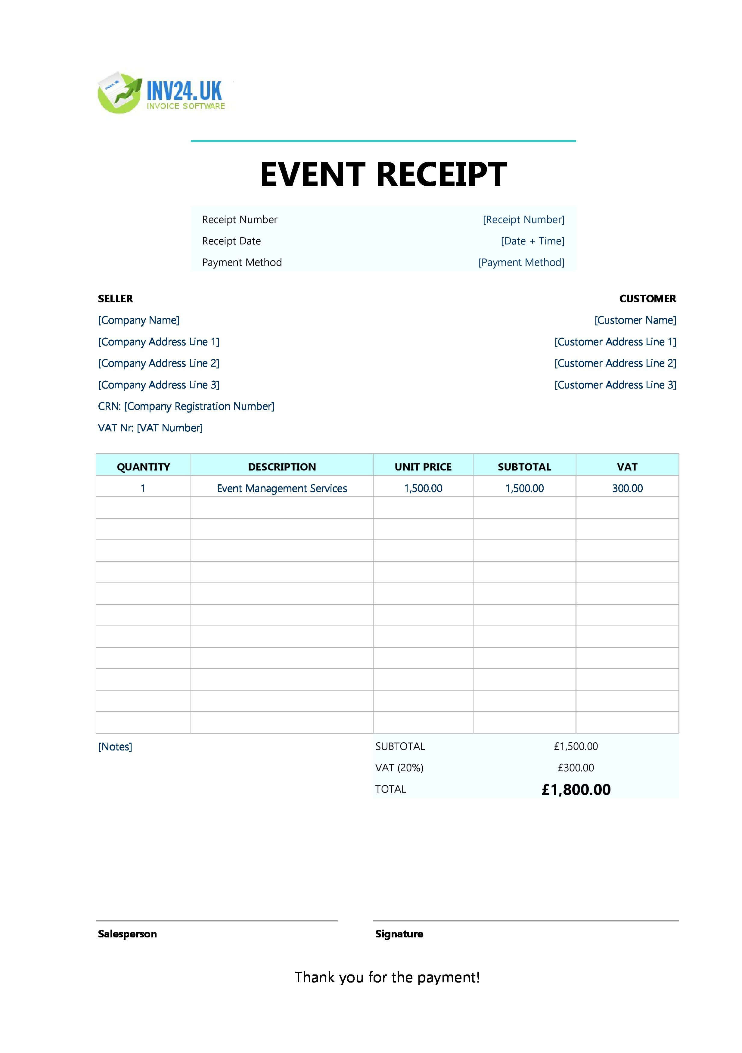 Event Receipt Template for UK (Excel / Google Sheets)