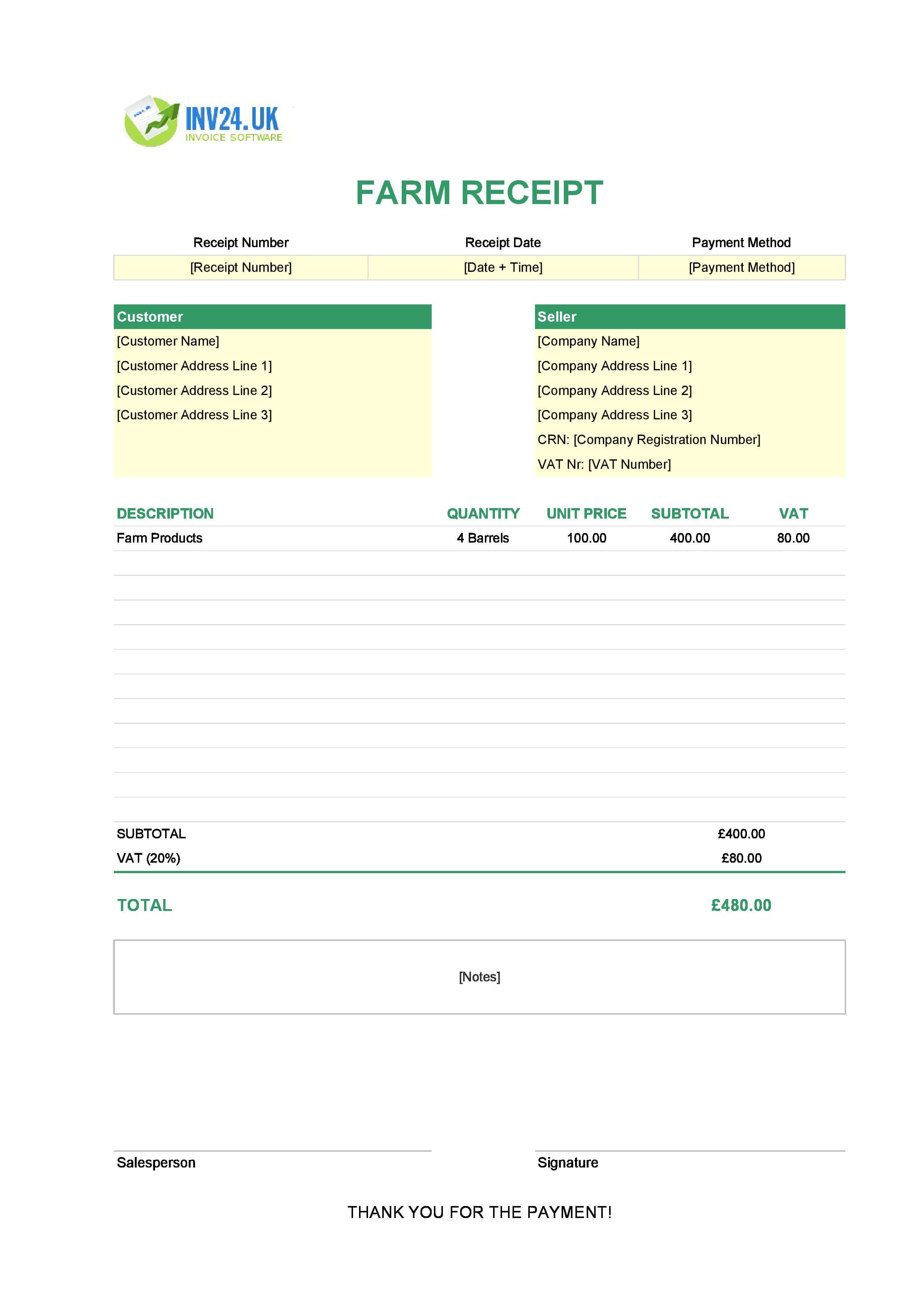 Farm Receipt Template for UK (Excel / Google Sheets)