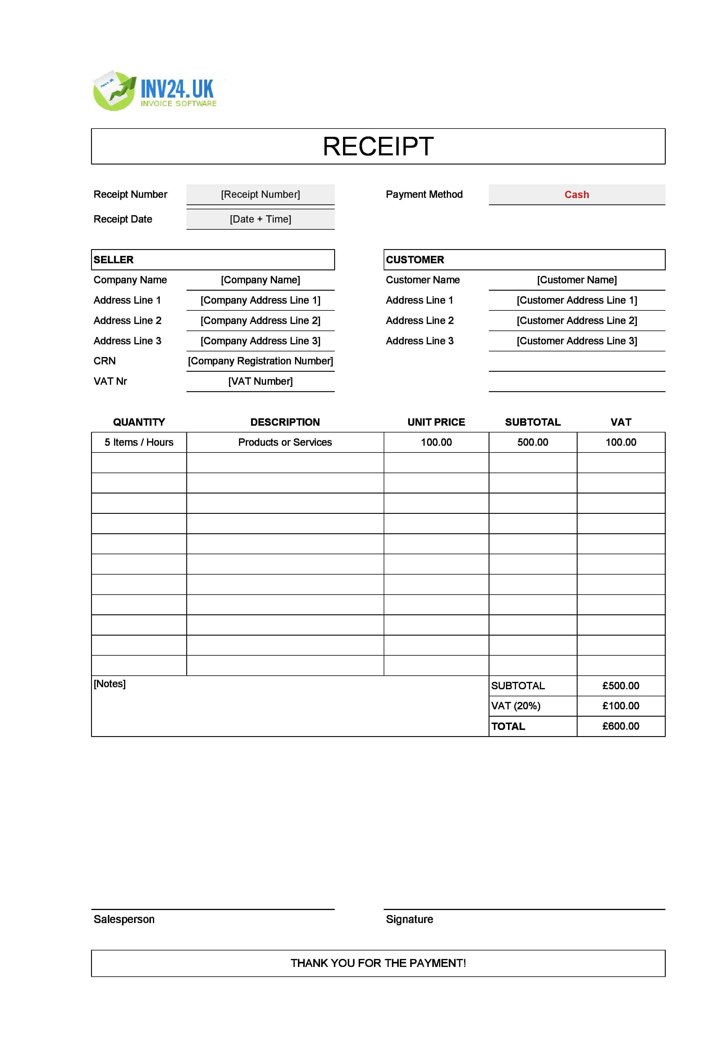 Fillable Cash Receipt Template for UK (Excel / Google Sheets)