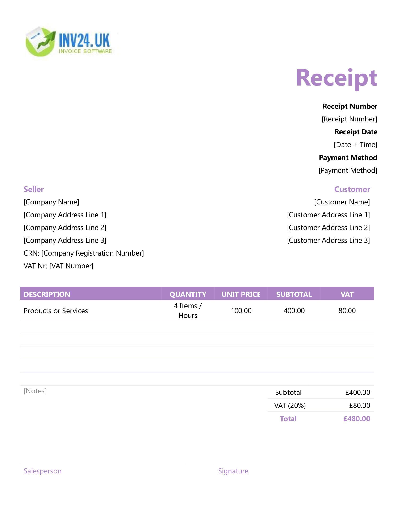Fillable Receipt Template for UK (Word / Google Docs)