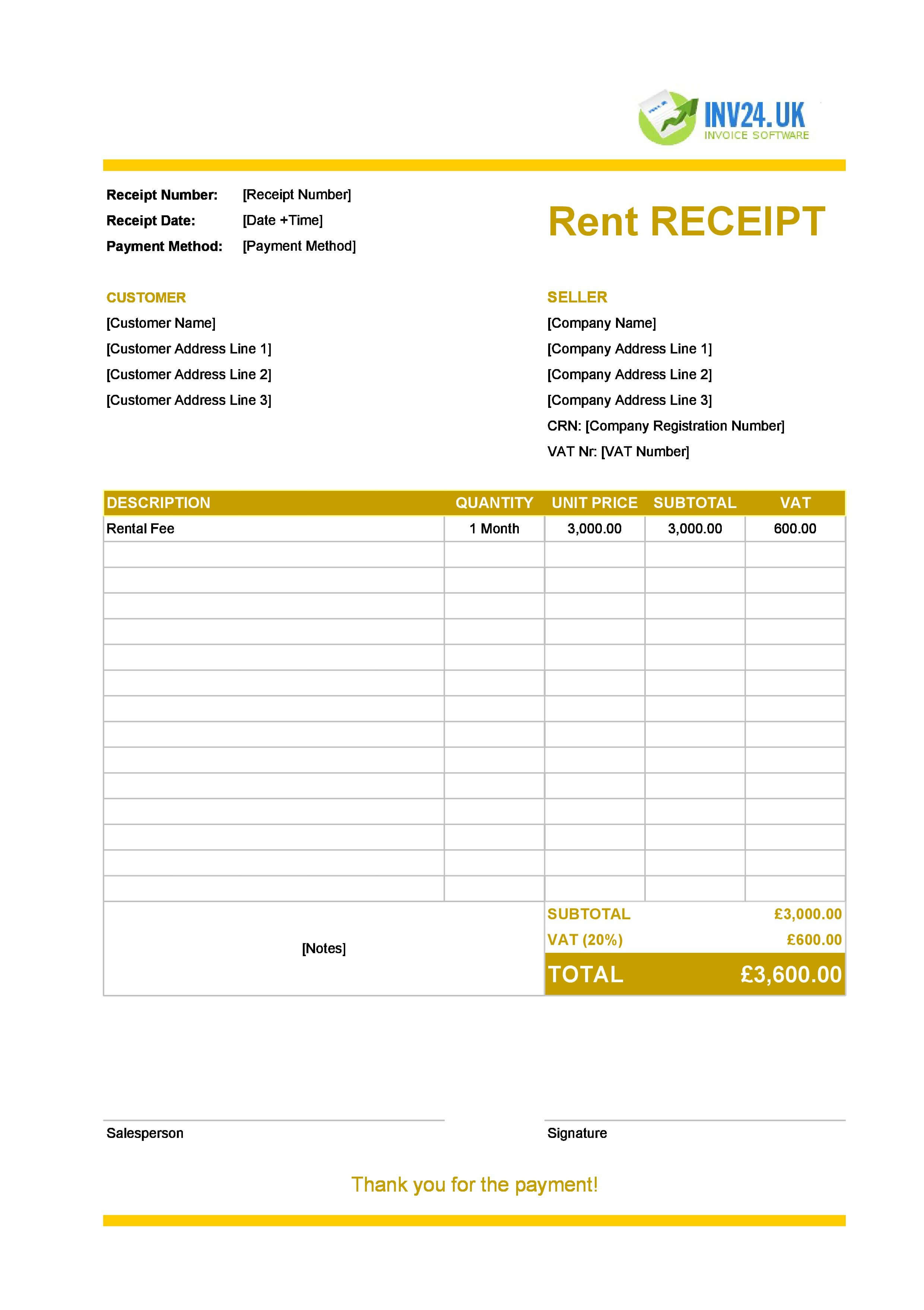 Fillable Rent Receipt Template for UK (Excel / Google Sheets)