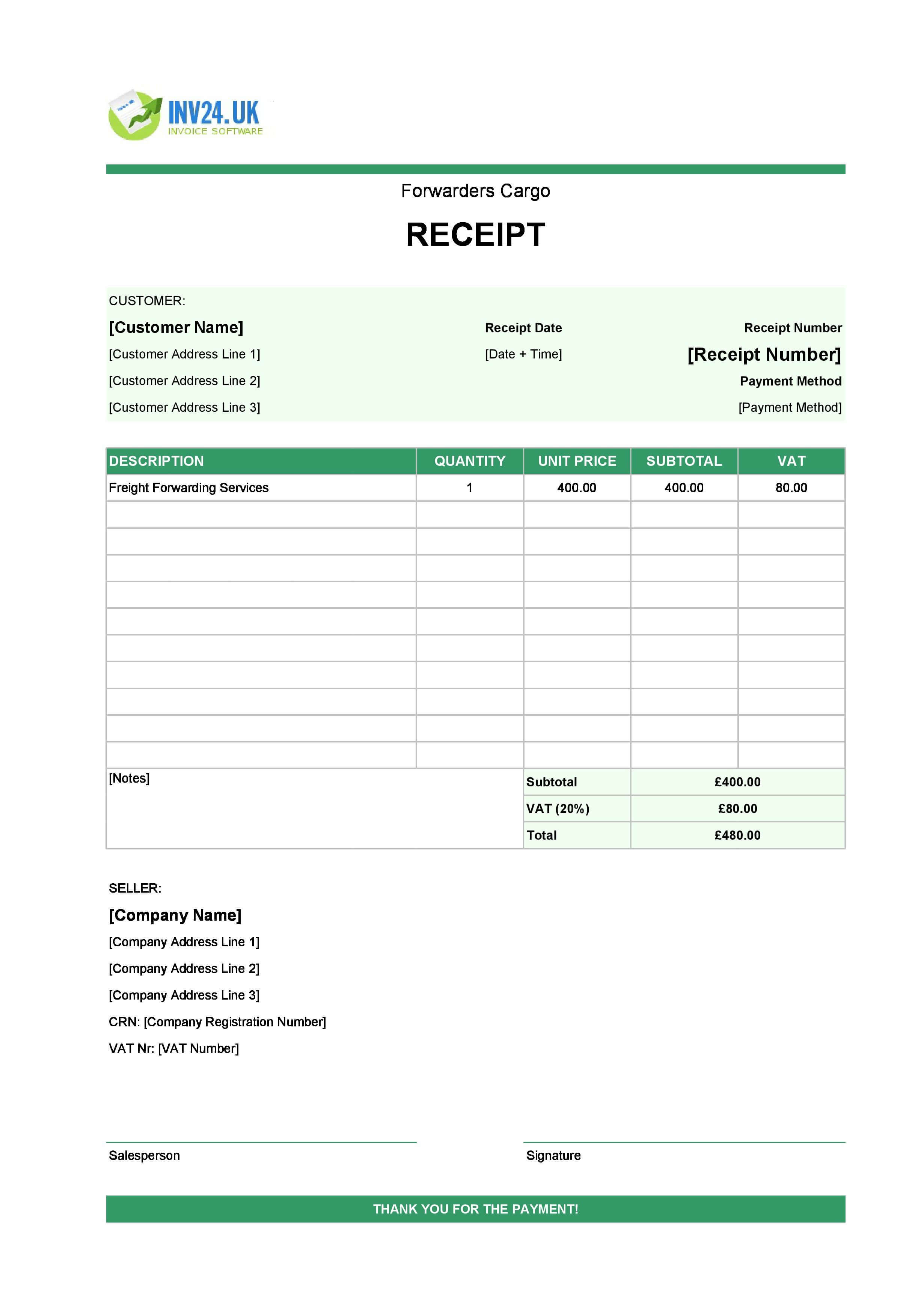 Forwarders Cargo Receipt Template for UK (Excel / Google Sheets)